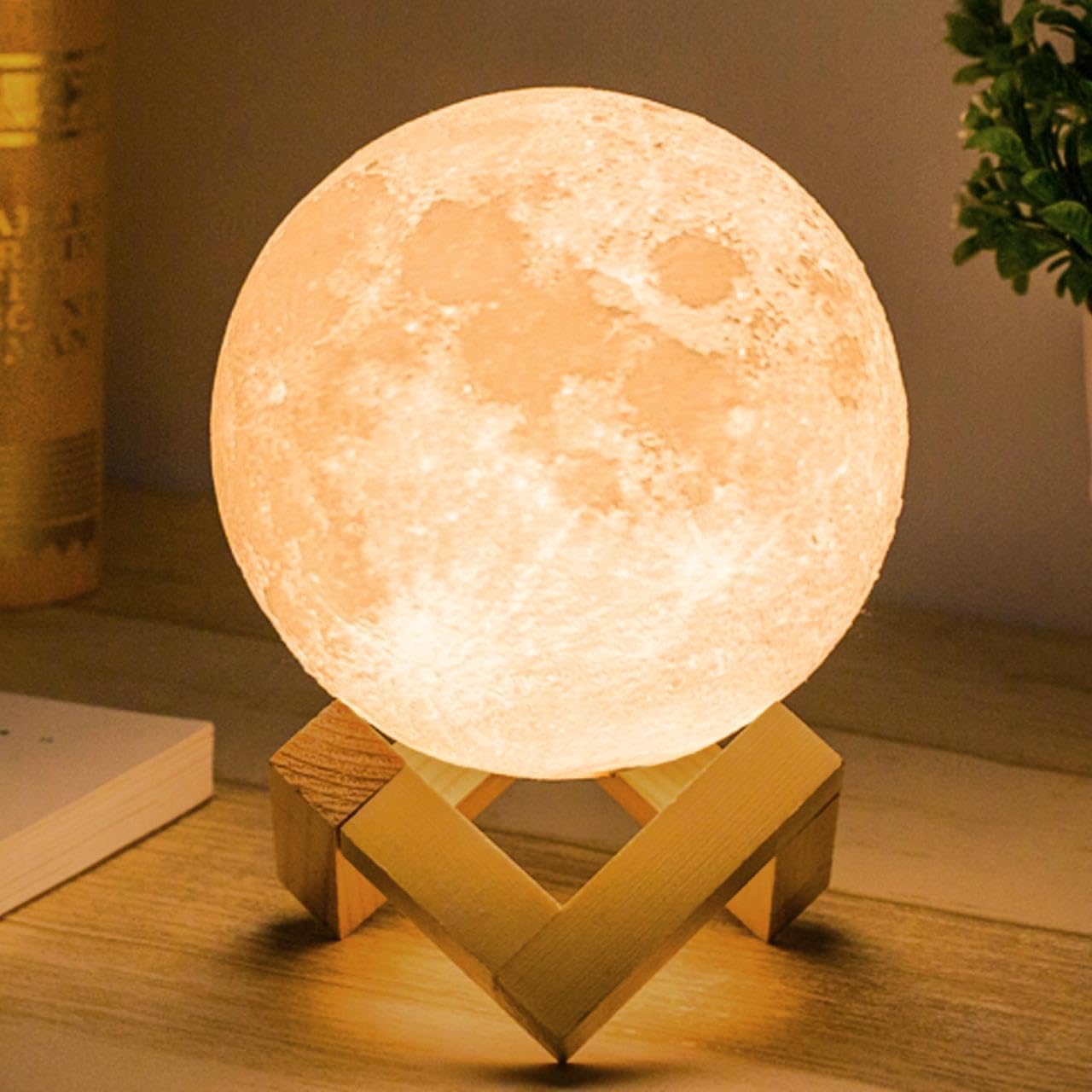 Methun 3D Moon Lamp 9 cm (3.5 inch) — Two-Colour Touch-Dim Bedside & Table Lamp, Overnight Cordless Glow, Ceramic Hand Base, Authentic Lunar Texture — Calming Night Light & Premium Gift