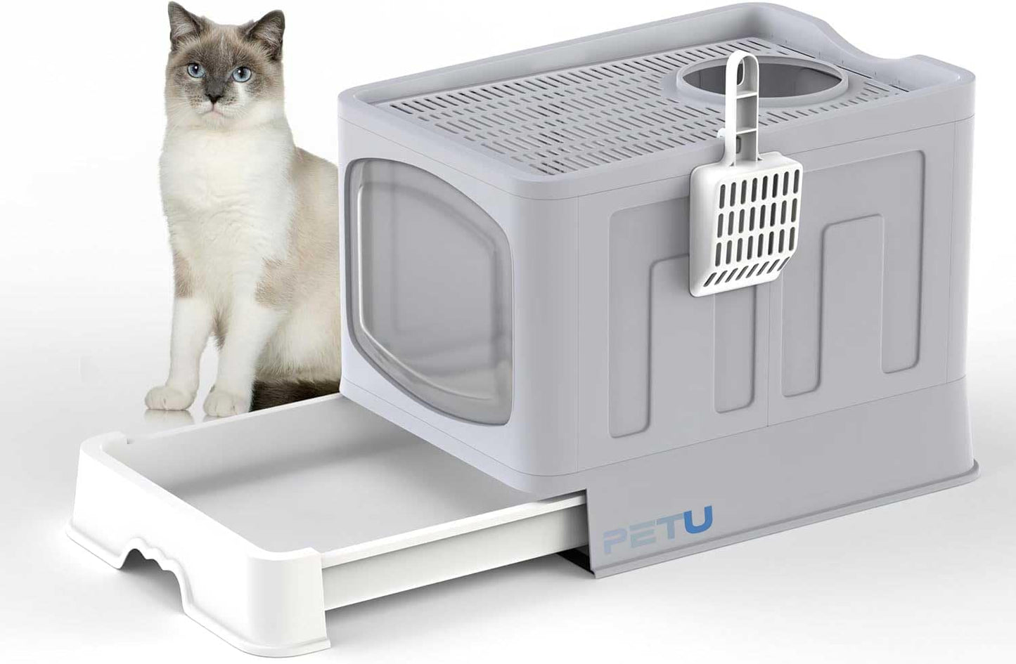 Large Cat Litter Box – Open Sifting Tray or Foldable Hooded Litter Box with Scoop