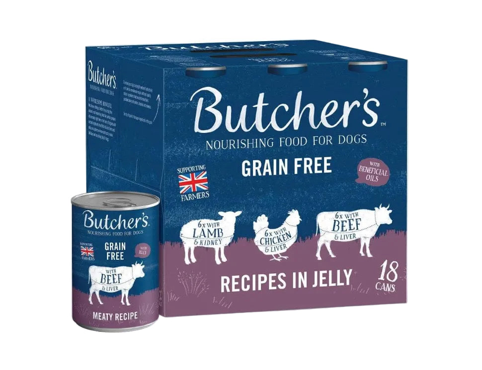 Butcher's grain-free dog food packaging with cans on a white background