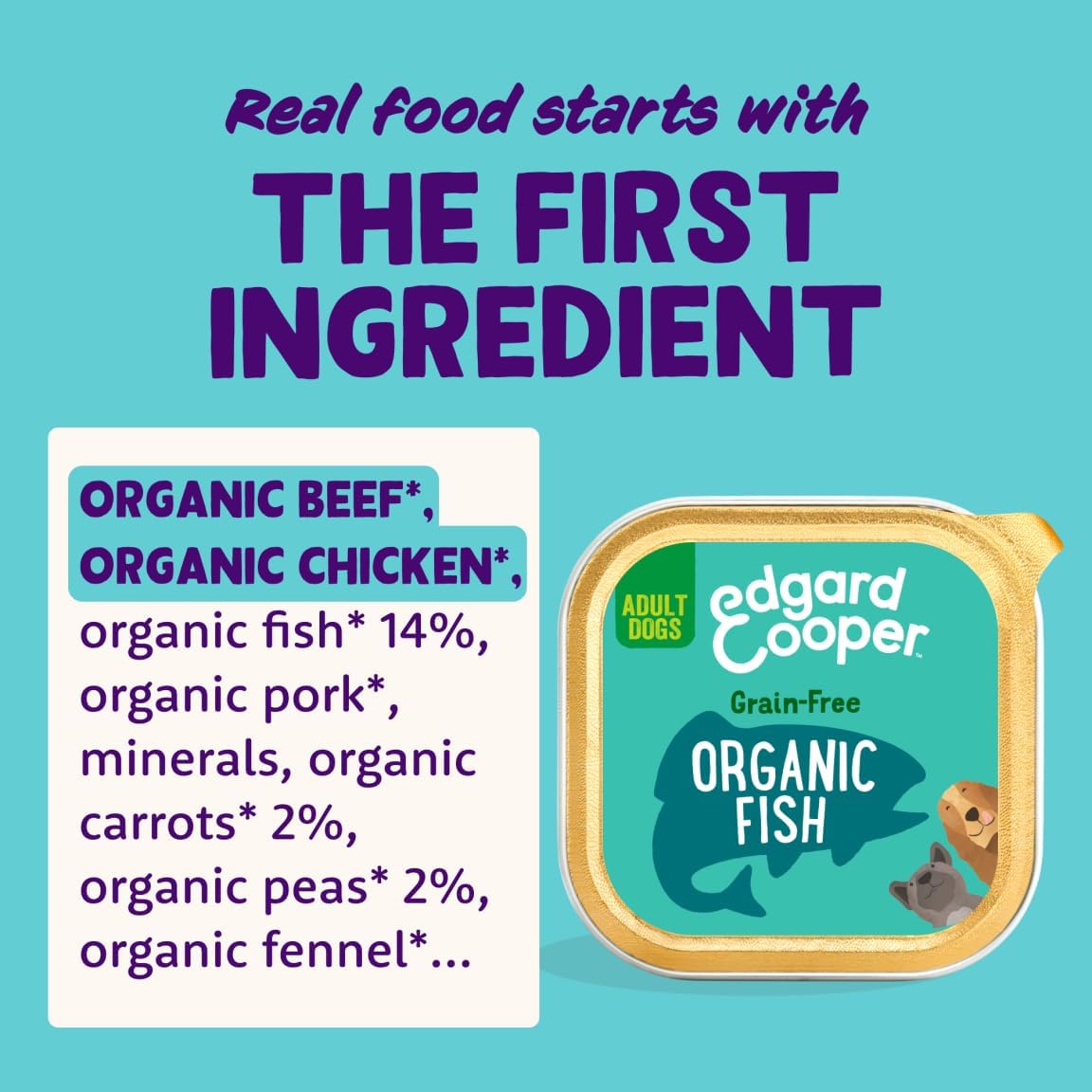 Edgard Cooper Organic Grain-Free Wet Dog Food Trays, Organic Fish, Natural Dogs Food in Cup for Adult Dogs, Fresh Meat, High Protein, Hypoallergenic, No Added Sugar