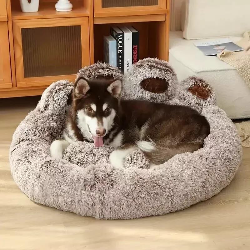 Luxury Calming Paw-Shaped Dog Bed – Ultra Soft Anti-Anxiety Plush Pet Sofa with Non-Slip Base