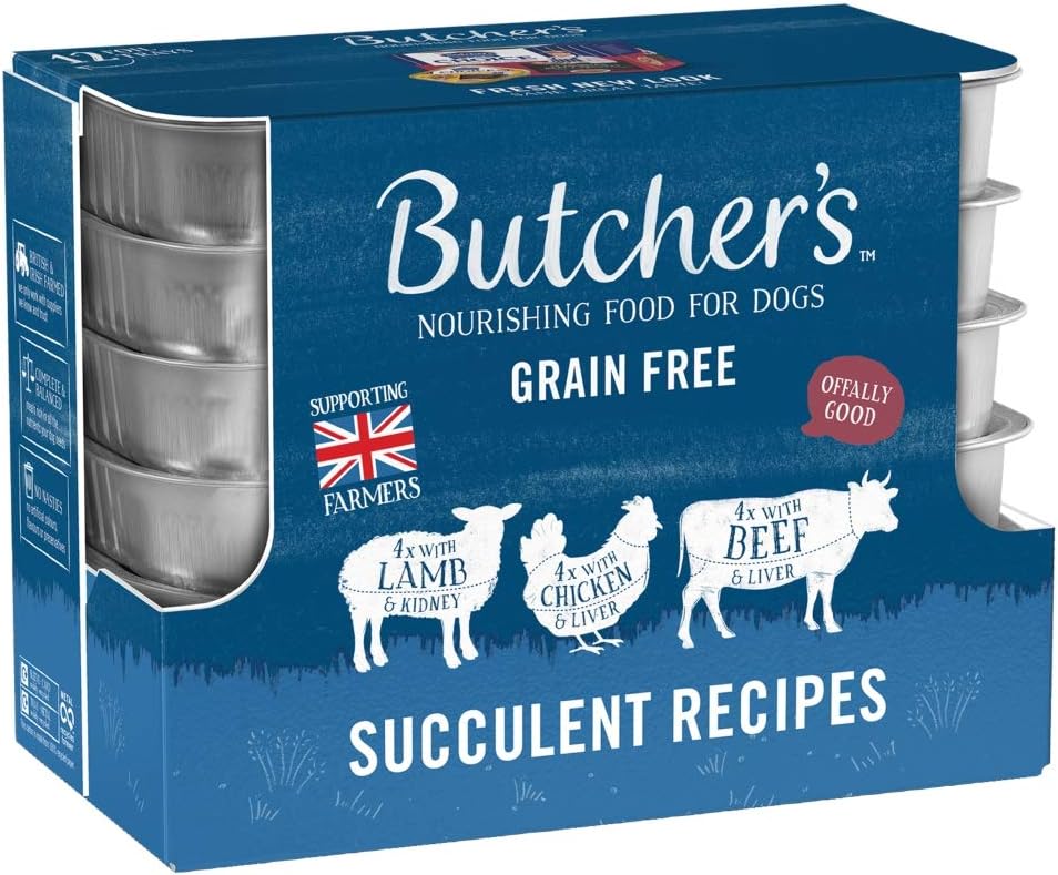 BUTCHER'S Complete Wet Tray Grain Free Hypoallergenic Adult Dog Food Succulent Recipes Pack 12x150g - Lamb, Chicken & Beef