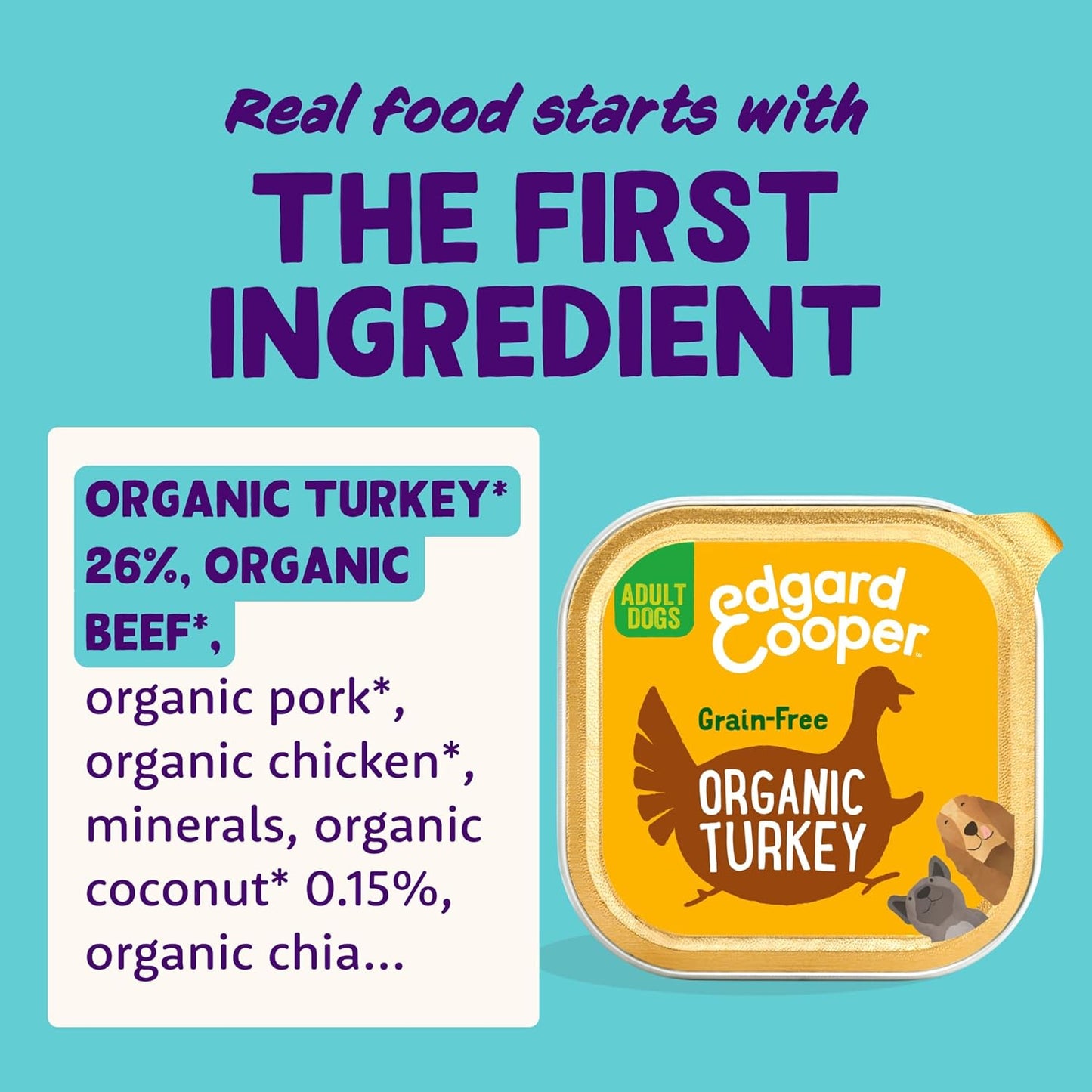 Edgard Cooper Organic Grain-Free Wet Dog Food Trays, Organic Turkey 17 x 100g, Natural Dogs Food in Cup for Adult Dogs, Fresh Meat, High Protein, Hypoallergenic, No Added Sugar