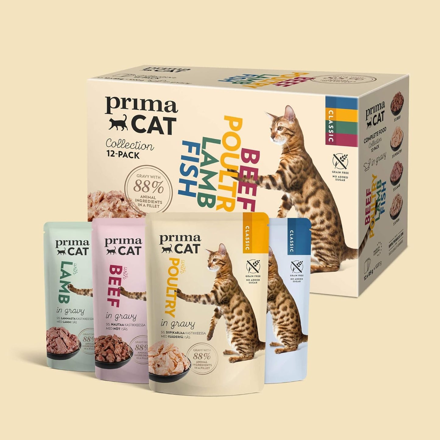 PrimaCat Classic Complete Wet Cat Food — Sterilised Cats | Salmon, Poultry, Fish, Turkey