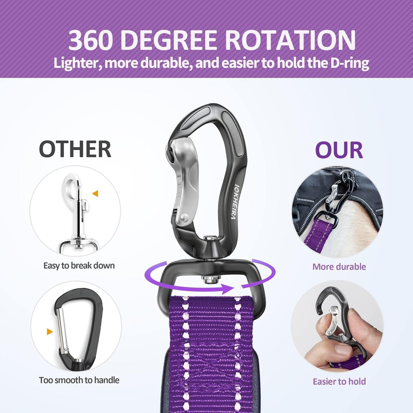 Iokheira 5FT Strong Dog Lead No Pull, Reflective Shock Absorbing Bungee Lead with Two Padded Handle & Car Seat Belt Buckle, Adjustable Dog Leash Heavy Duty for Small Medium Large Dogs (Purple)