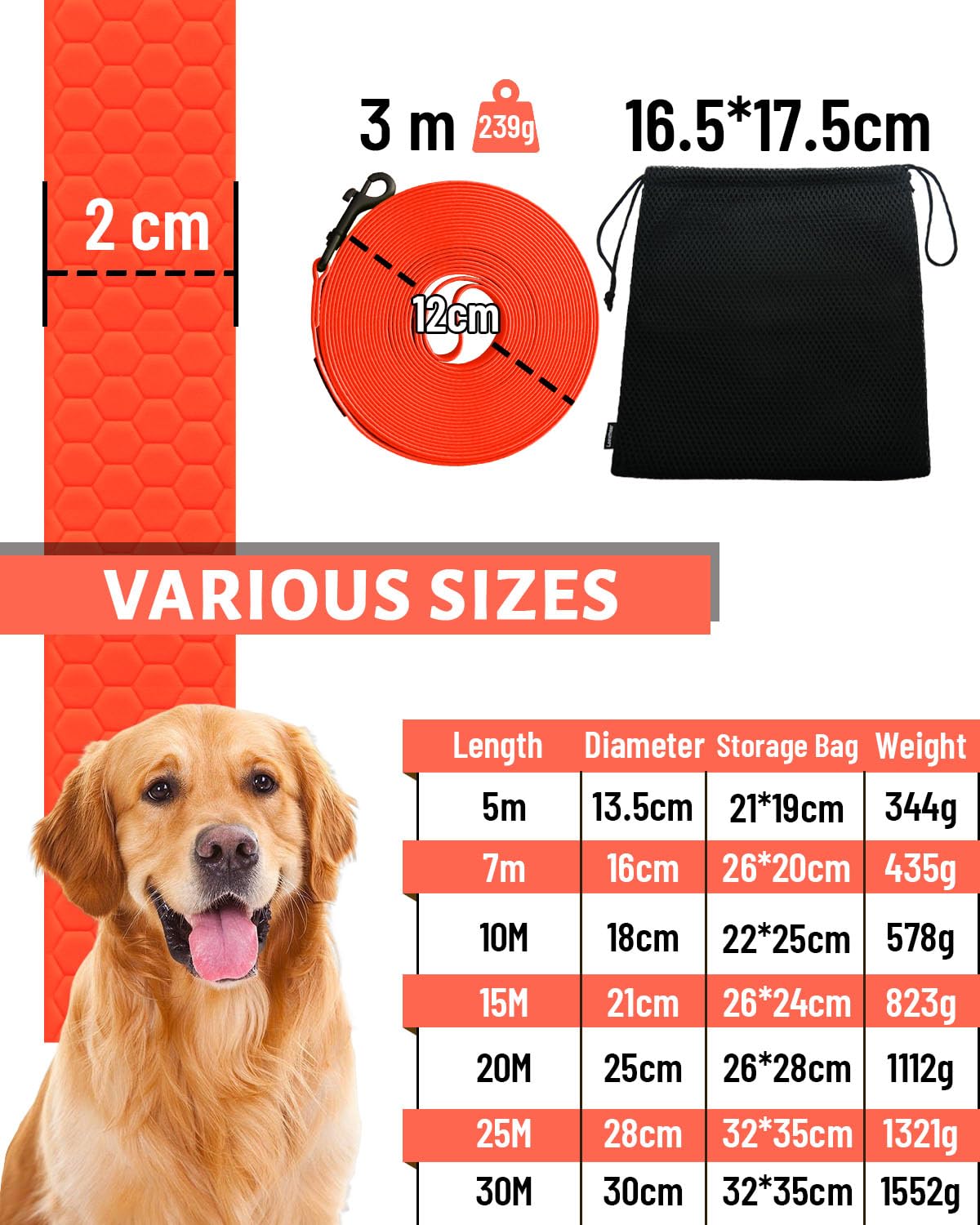 Looxmeer Training Lead for Dogs, 5m(16ft) Extra Long Line Dog Lead, Waterproof Dog Leash with Soft Padded Handle & Storage Bag for Training Recall Obedience, Tracking, Camping Play, Backyard, Orange