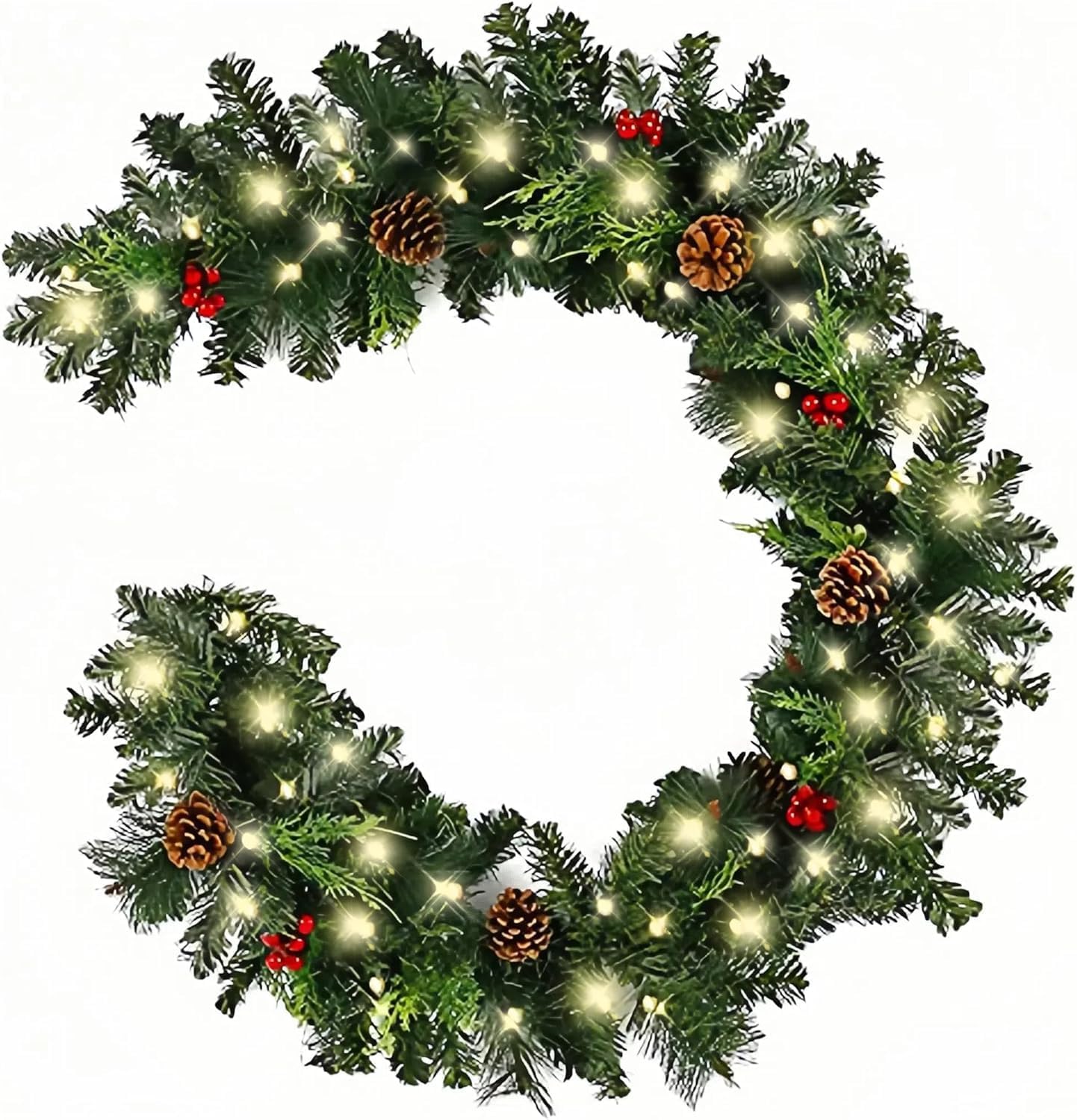 Christmas Garland with Lights, Christmas Garlands for Fireplace Stairs Artificial Wreath with 50 LED Lights and Bow Pine Cones Berries for Xmas Tree Front Door Home Holiday Decor