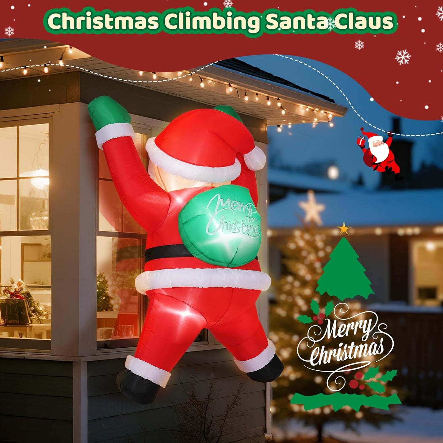 Christmas Inflatable Decorations Climbing Santa Claus Inflatable, Built-in Bright LEDs, Hanging Blow up Window Yard Decoration, Outdoor Christmas Decoration for Roof Window Wall