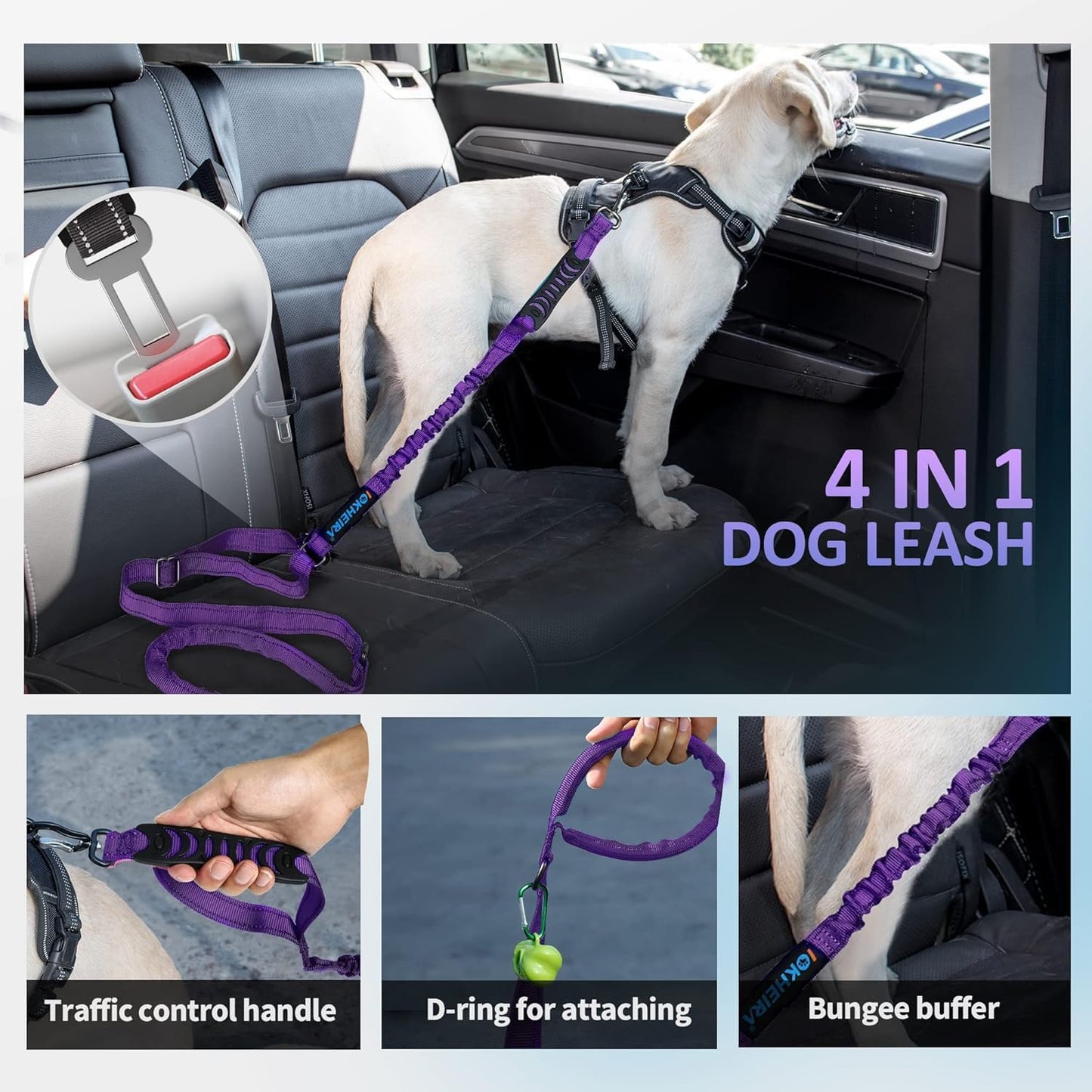 Iokheira 5FT Strong Dog Lead No Pull, Reflective Shock Absorbing Bungee Lead with Two Padded Handle & Car Seat Belt Buckle, Adjustable Dog Leash Heavy Duty for Small Medium Large Dogs (Purple)