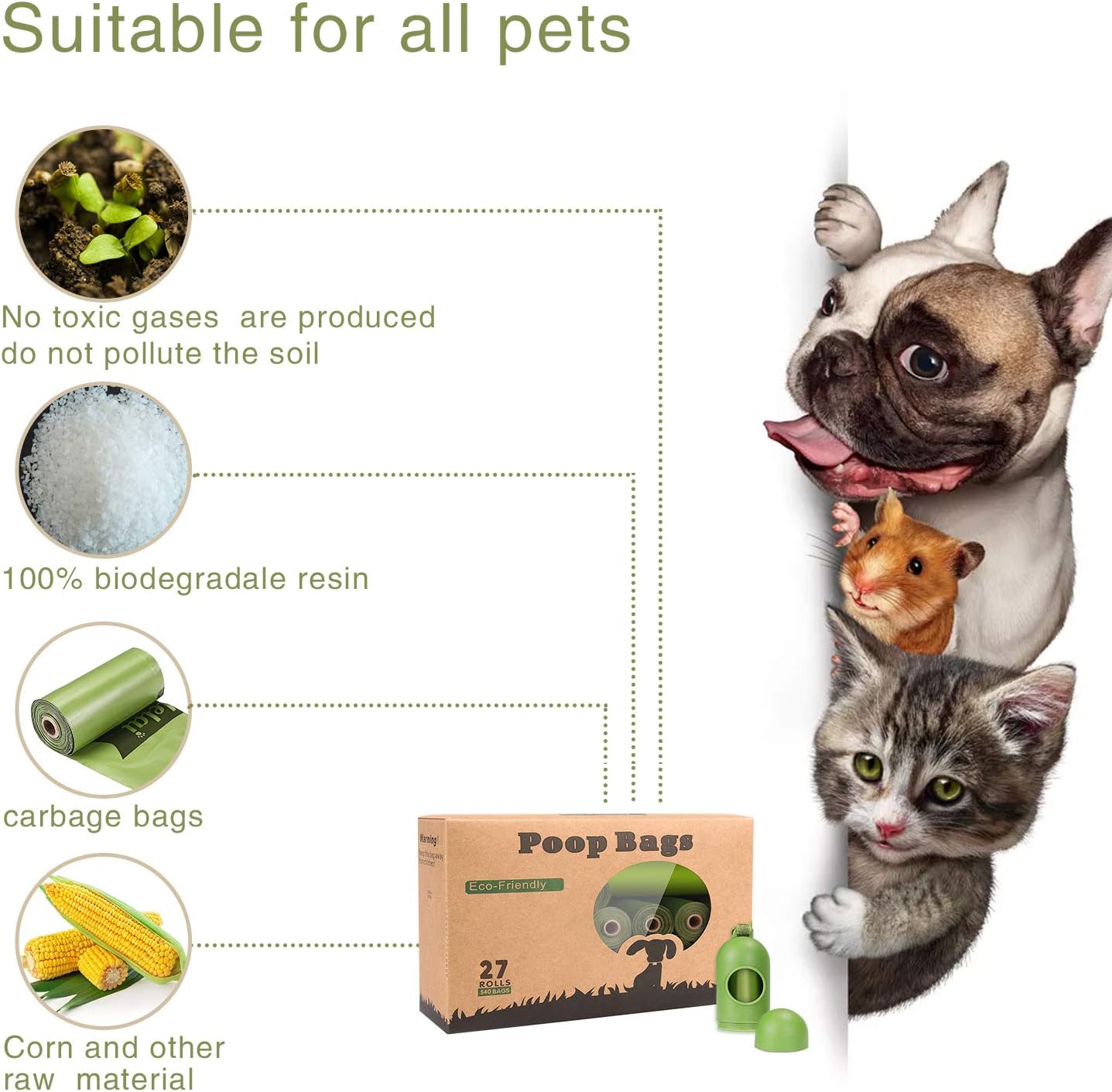 Dog Poo Bags - 540 Counts Biodegradable Poop Waste Bag Refill Rolls for Dogs include 1 Adjustable Dispenser | Scented