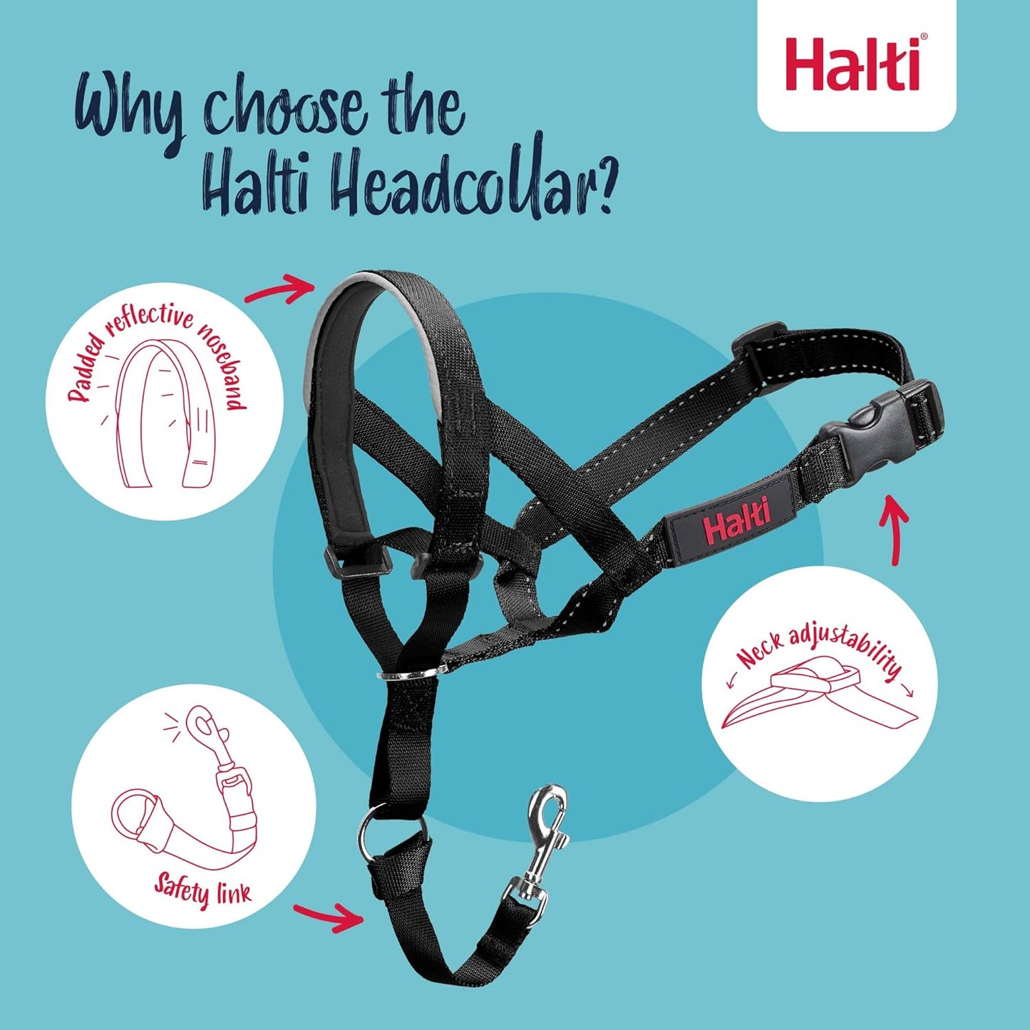 HALTI Headcollar UK Bestselling Dog Head Harness to Stop Pulling on the Lead, Easy to Use, Padded Nose Band, Adjustable & Reflective, Professional Anti-Pull Training Aid for Large Dogs
