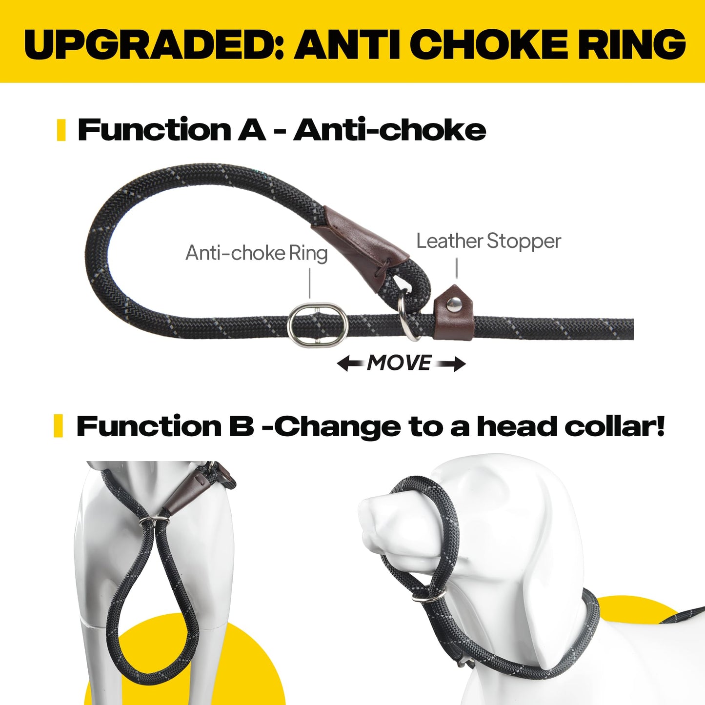 Fida Durable Weather Resistant Climbers Rope Slip Lead (1.8m, Black) with Reflective Stitching. Perfect for Training, Large, Medium and Small Dogs