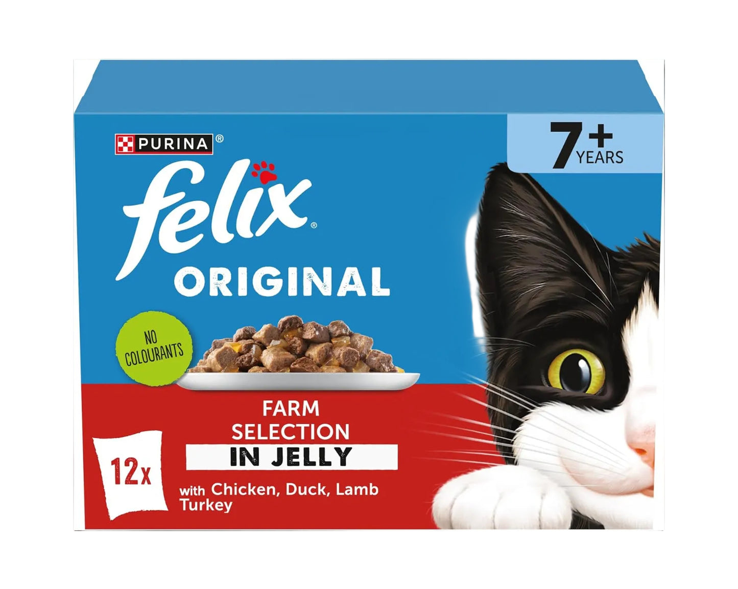Felix cat food packaging with a cat illustration on a blue and red background