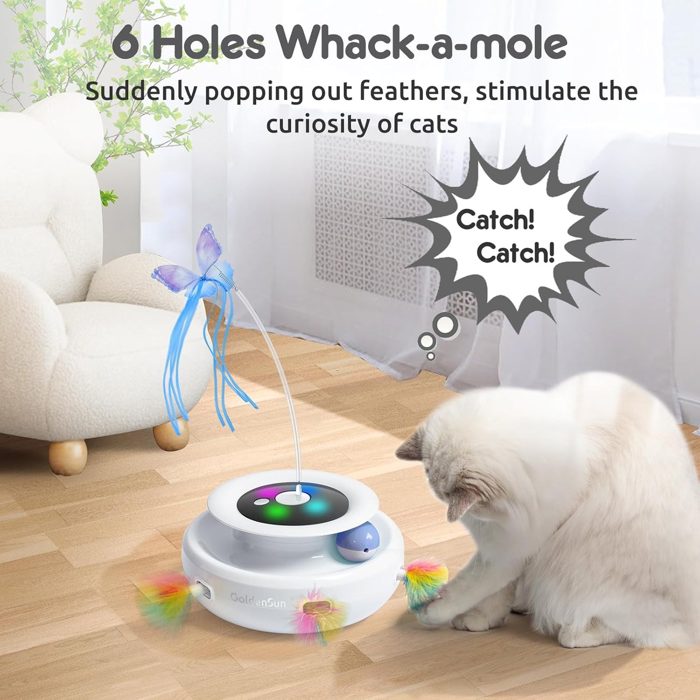 GoldenSun 3-in-1 Interactive Cat Toys for Indoor Cats 2000mAh Type-C Rechargeable Power Balls & Handmade Butterfly Cat Feather Toy Auto On/Off, Cat Teaser with 6 Attachments, Bright White