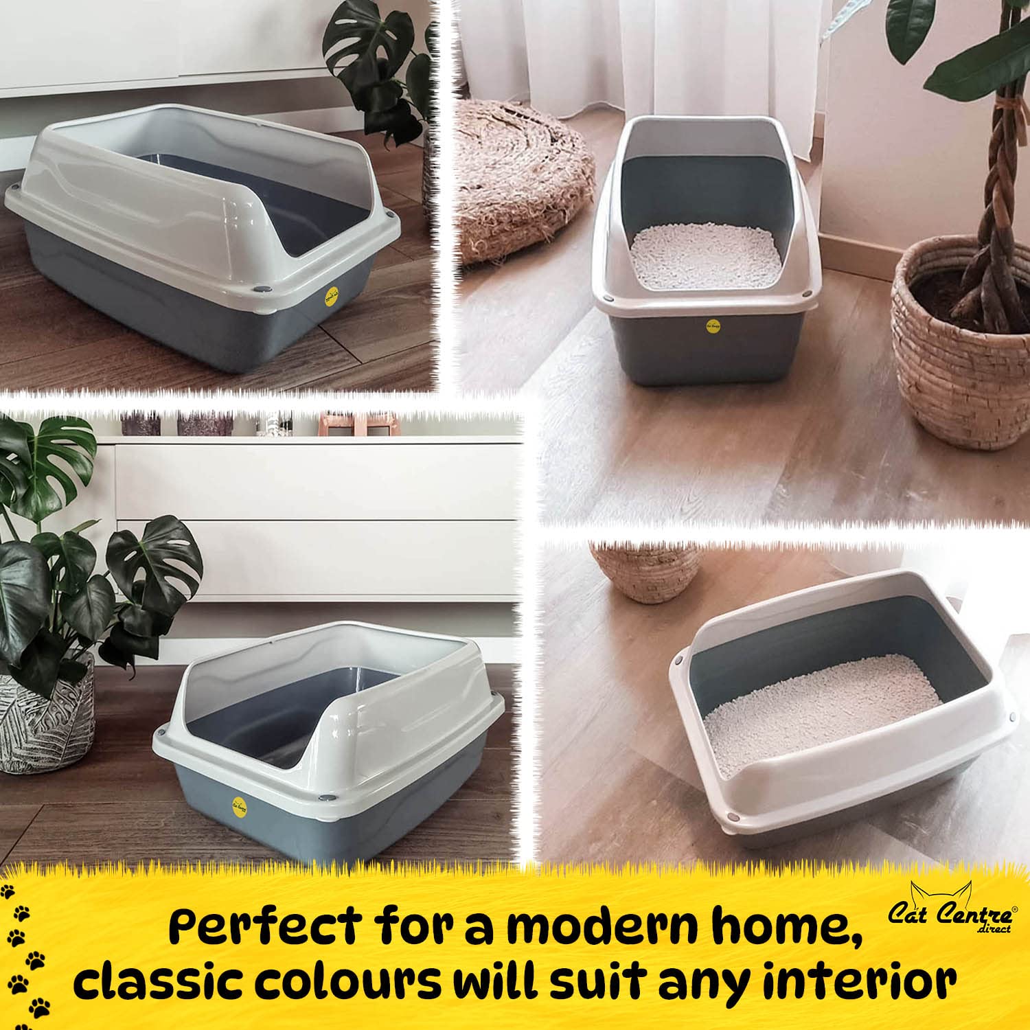 Collage of a cat litter box in various settings with text about its suitability for modern homes.