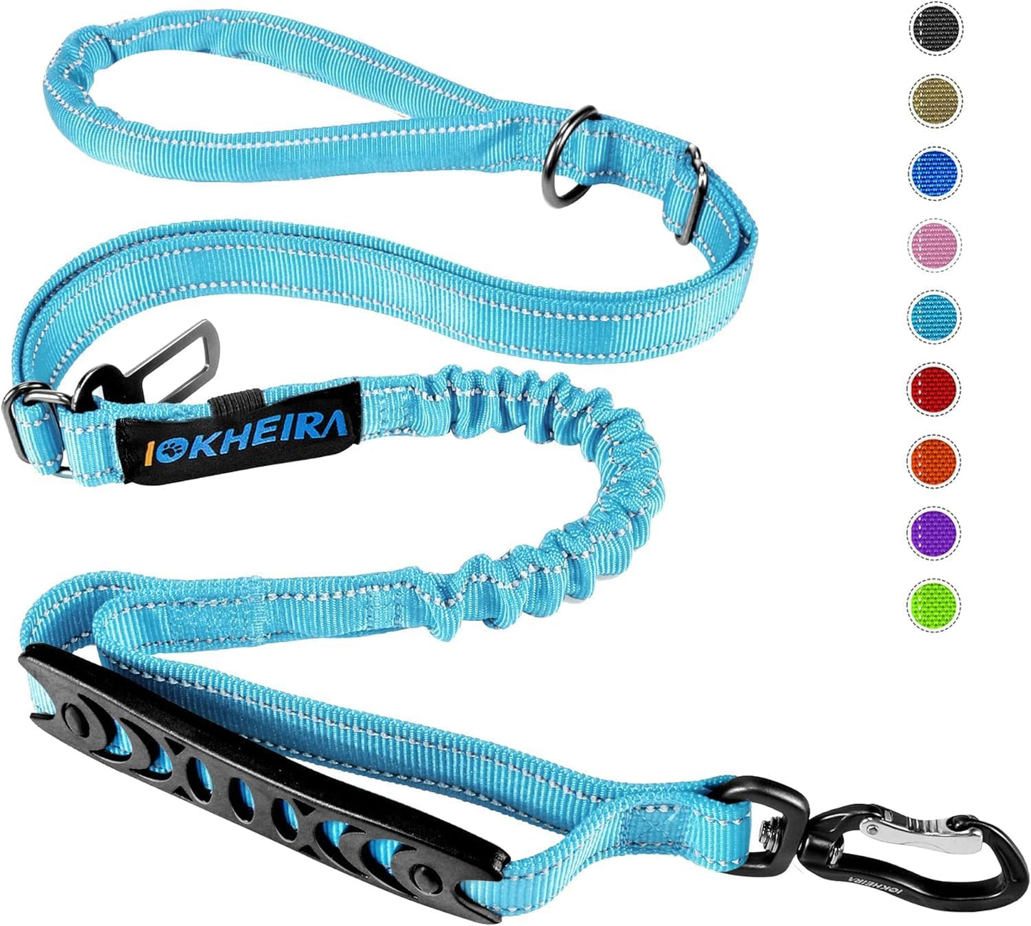 Iokheira 5FT Strong Dog Lead No Pull, Reflective Shock Absorbing Bungee Lead with Two Padded Handle & Car Seat Belt Buckle, Adjustable Dog Leash Heavy Duty for Small Medium Large Dogs (Purple)