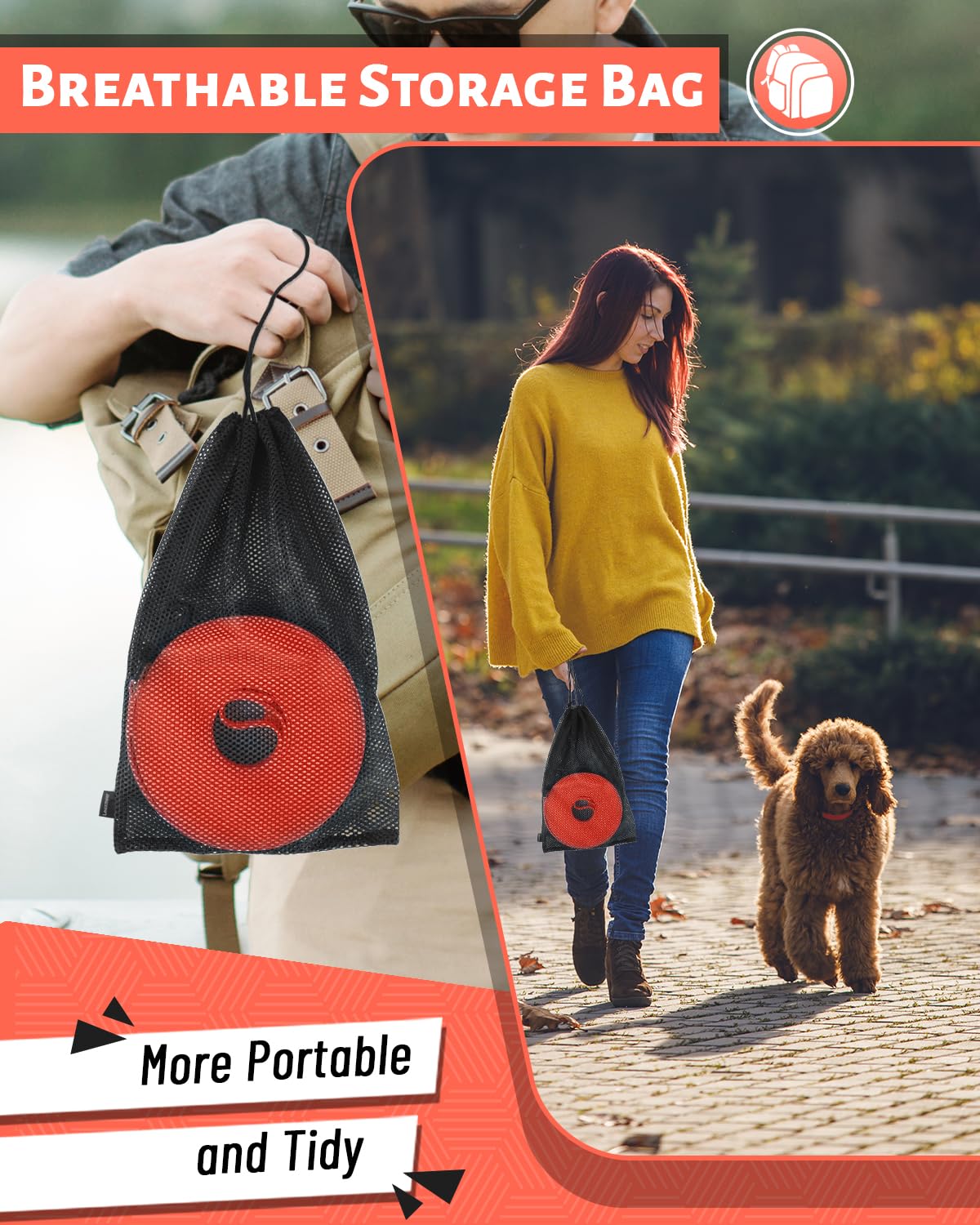 Looxmeer Training Lead for Dogs, 5m(16ft) Extra Long Line Dog Lead, Waterproof Dog Leash with Soft Padded Handle & Storage Bag for Training Recall Obedience, Tracking, Camping Play, Backyard, Orange