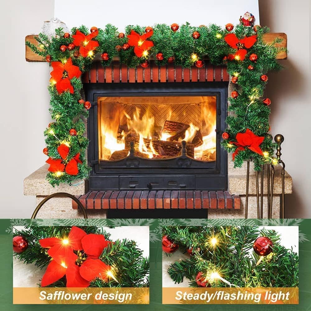Christmas garland,christmas garland with lights,2.7M/ 9FT Christmas Garland Decorations Illuminated with LED Lights,for Stairs Fireplaces Christmas Festive Wreath Xmas Decor