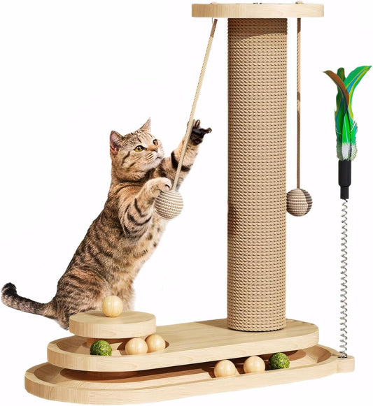 Cat Scratching Post with Natural Sisal - Sturdy Cat Scratcher for Indoor Smaller Cats, Kitten Toy with Scratching Posts, Play Platform & Toys, Easy Assembly, Space-Saving Design