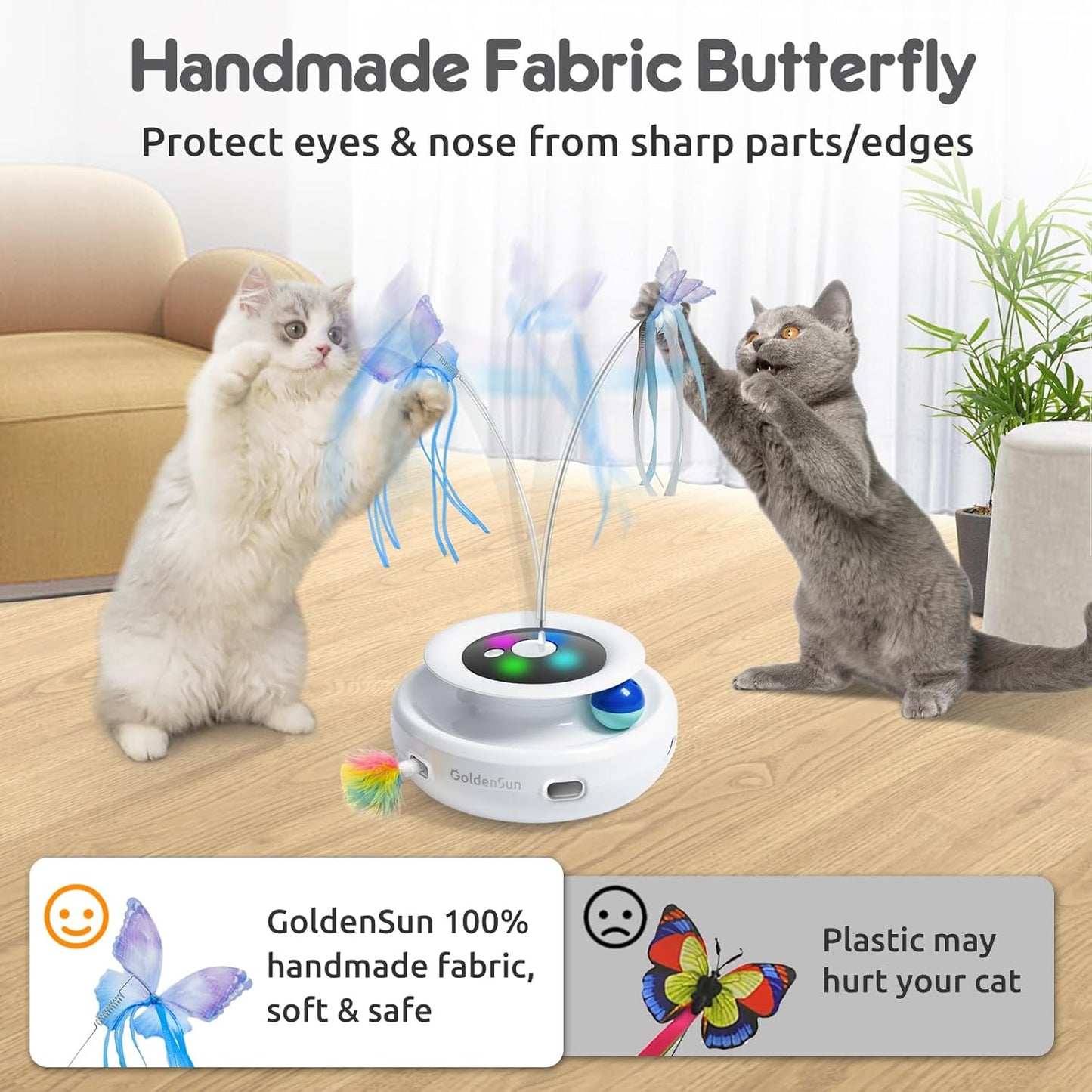 GoldenSun 3-in-1 Interactive Cat Toys for Indoor Cats 2000mAh Type-C Rechargeable Power Balls & Handmade Butterfly Cat Feather Toy Auto On/Off, Cat Teaser with 6 Attachments, Bright White