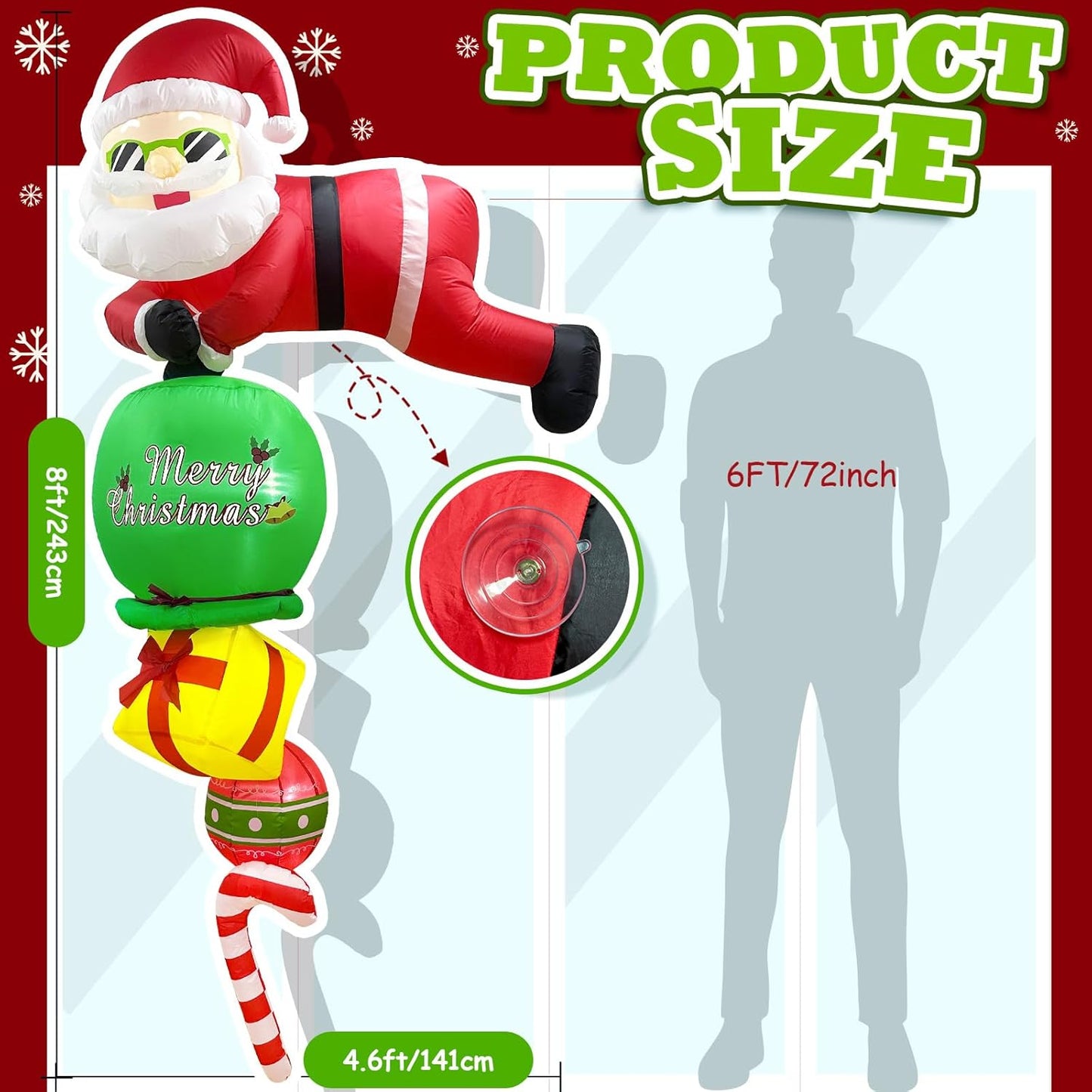 8FT Christmas Inflatables Outdoor Decorations, Hanging Santa Claus Inflatable Christmas Decorations with LED Lights, Blow Up Santa Outdoor for Wall Window Eaves Home Holiday Decor