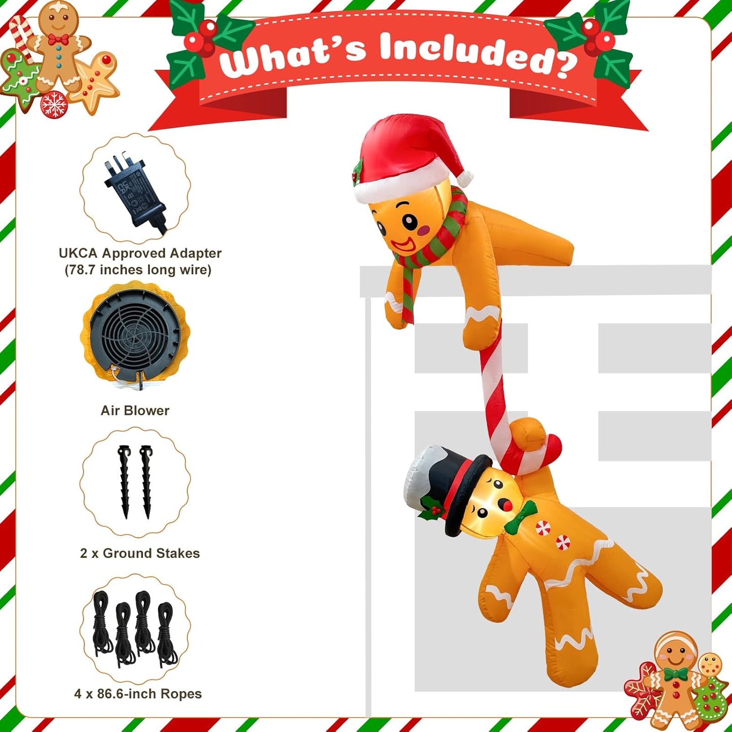 7 FT Christmas Inflatables Outdoor Decorations, Hanging Gingerbread Man Inflatable Christmas Decorations Hold Candy Cane, Blow Up Xmas Decorations for Roof Eaves Tree Decor