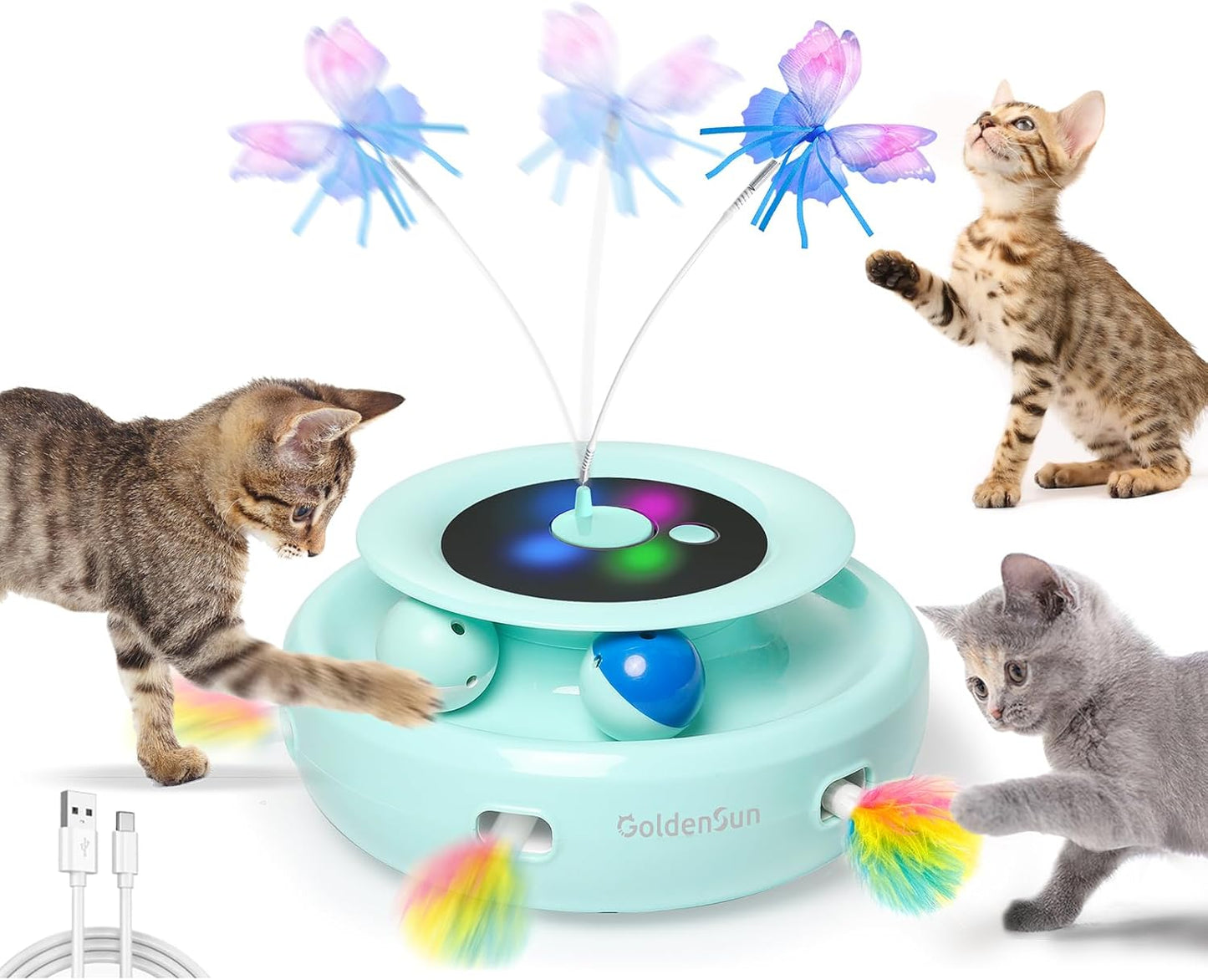 GoldenSun 3-in-1 Interactive Cat Toys for Indoor Cats 2000mAh Type-C Rechargeable Power Balls & Handmade Butterfly Cat Feather Toy Auto On/Off, Cat Teaser with 6 Attachments, Bright White