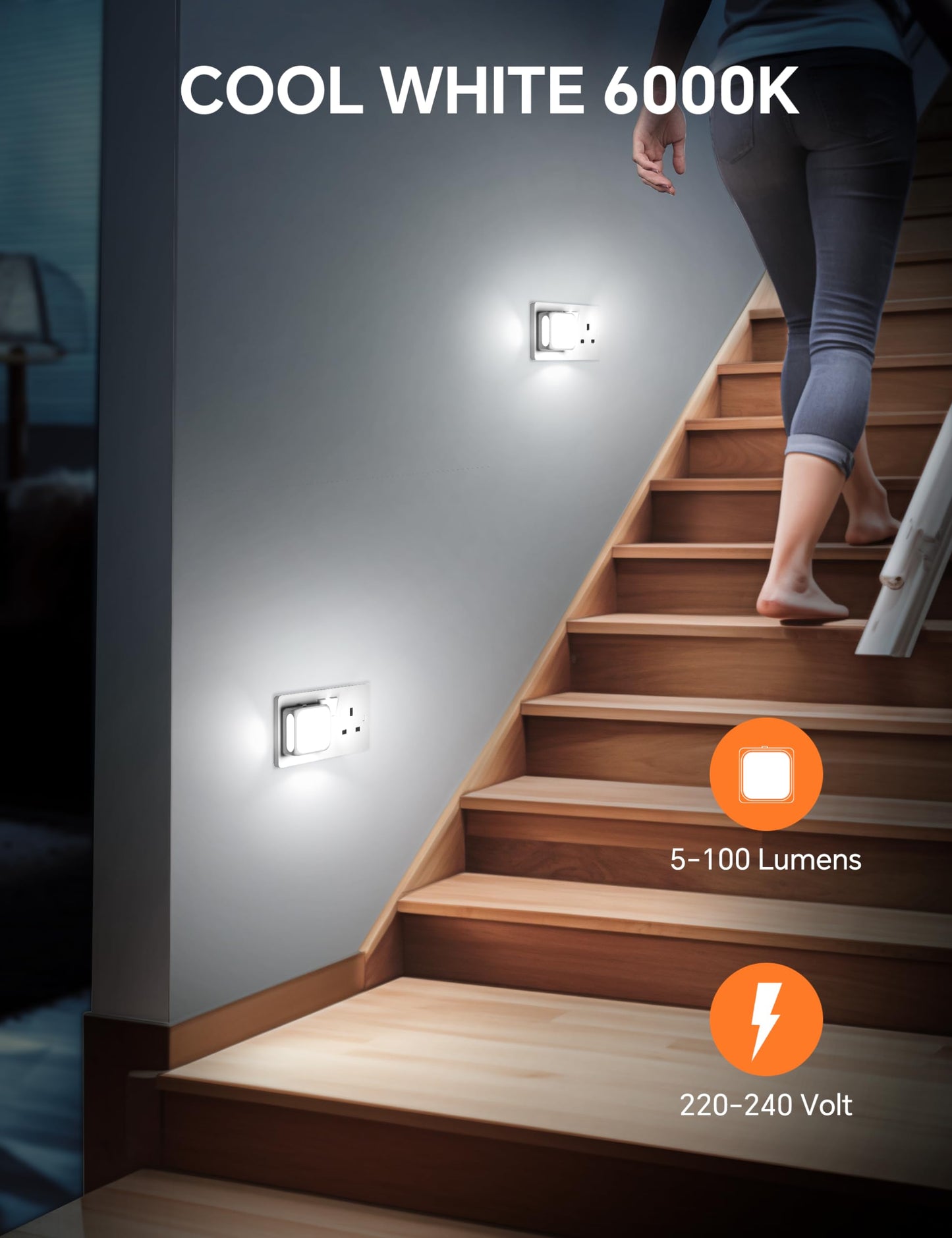 PURSNIC Night Light Plug in Wall, with Dusk to Dawn Photocell Sensor, 6000K Cool White, Brightness Adjustable, 1W LED Night Light for Kids, Bedroom, Hallway, Stairs, 2 Pack