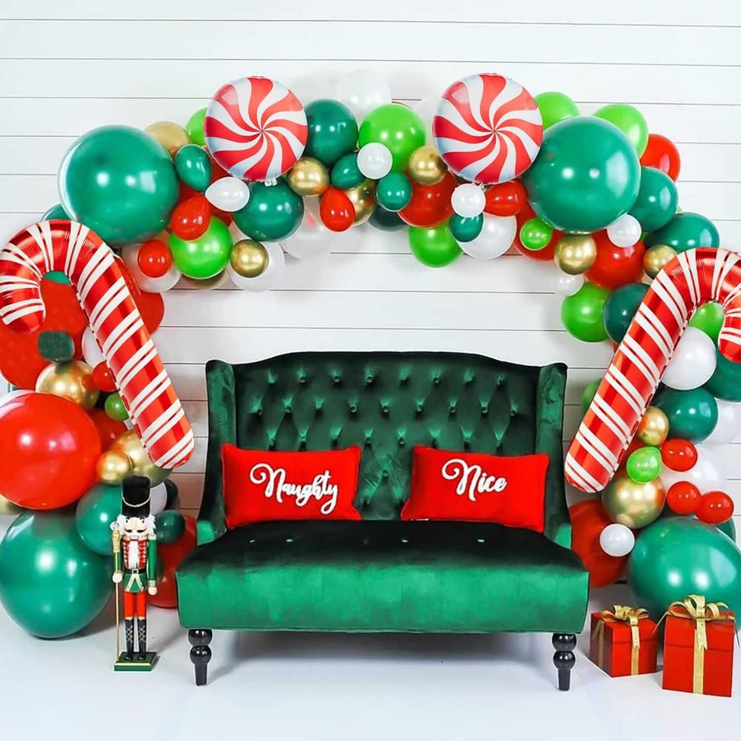 Christmas Balloon Garland Arch Kit, Red Green White Gold Balloons with Large Candy Cane Swirl Foil Balloon for Winter Xmas Party Decorations 164PCS