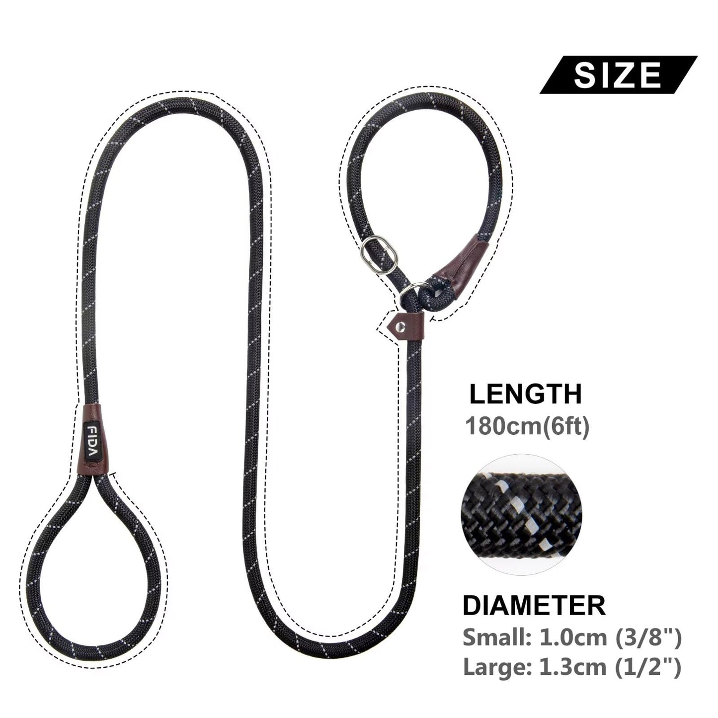 Fida Durable Weather Resistant Climbers Rope Slip Lead (1.8m, Black) with Reflective Stitching. Perfect for Training, Large, Medium and Small Dogs