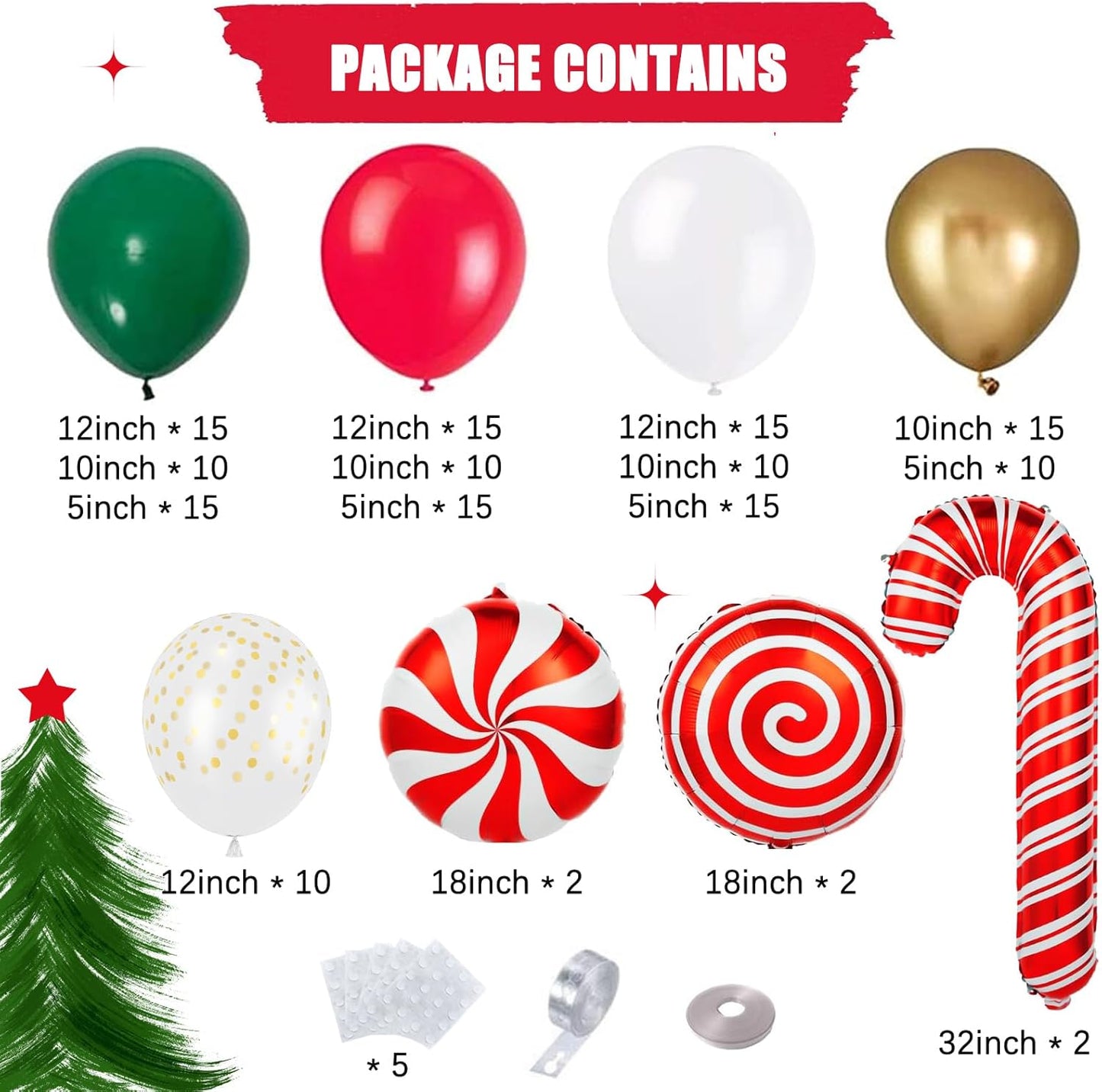 Christmas Balloon Garland Arch Kit, Red Green White Gold Balloons with Large Candy Cane Swirl Foil Balloon for Winter Xmas Party Decorations 164PCS