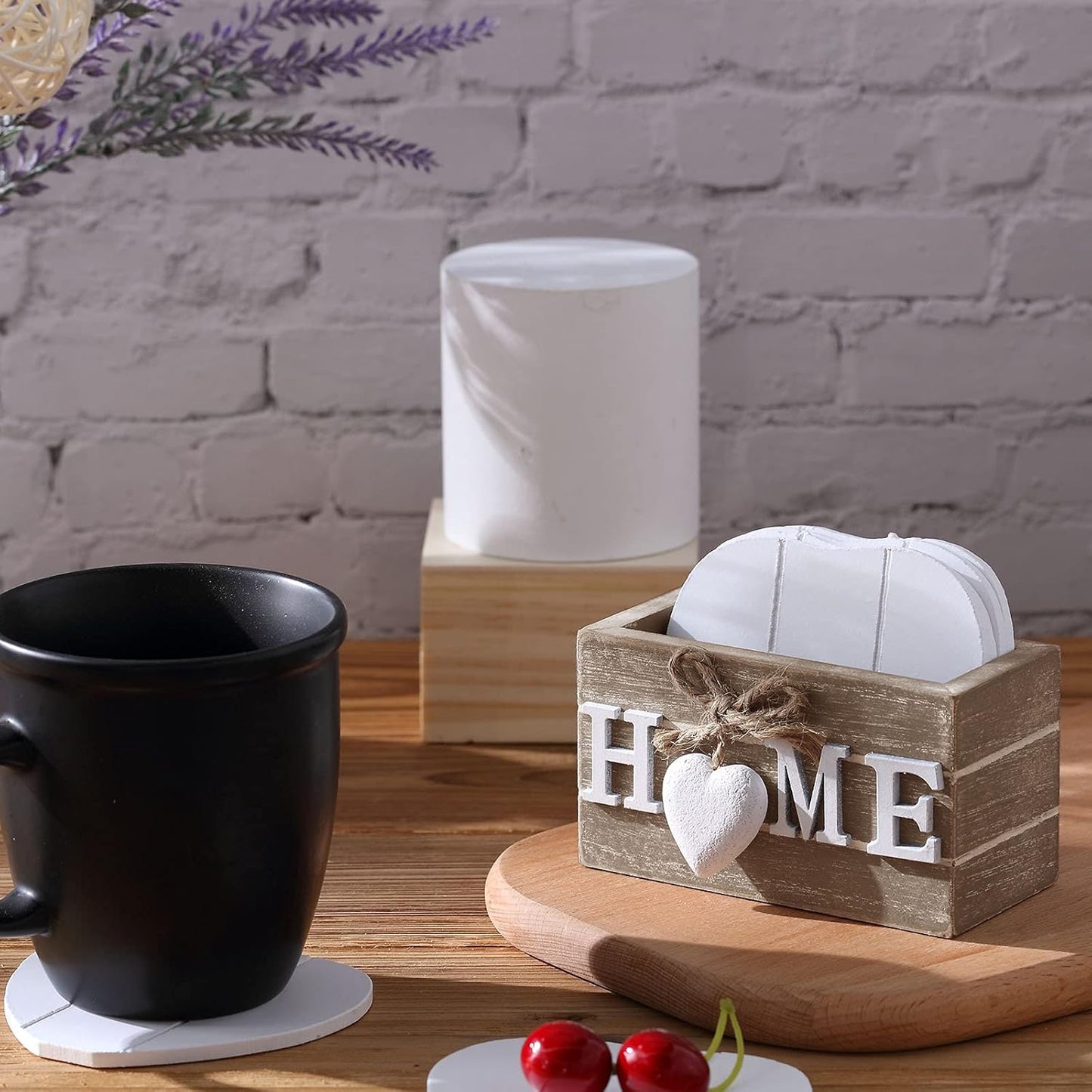 Heartwood Drink Coasters Set of 6, Farmhouse Style with Holder, Funny Designs for Coffee Table Protection, Perfect Housewarming Gifts for New Home Decoration, 4 Inch (Grey,Home)