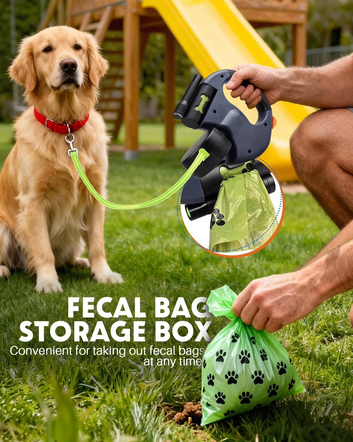 3M Dual Retractable Dog Leash for Two Dogs – Tangle-Free, LED Light, One-Click Lock & Built-in Poop Bag Holder