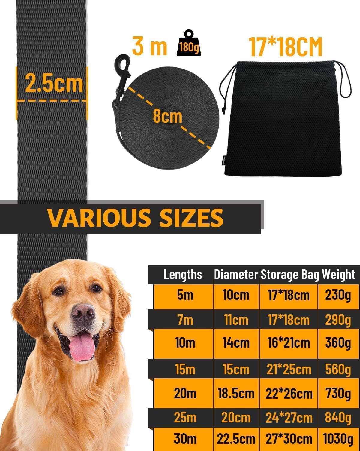 Looxmeer Dog Training Lead, Strong Extra Long Dog Lead for Small Medium Large Dog with Padded Handle & Storage Bag, Waterproof Dog Leash for Recall Tracking Hiking Hunting Obedience, Blue