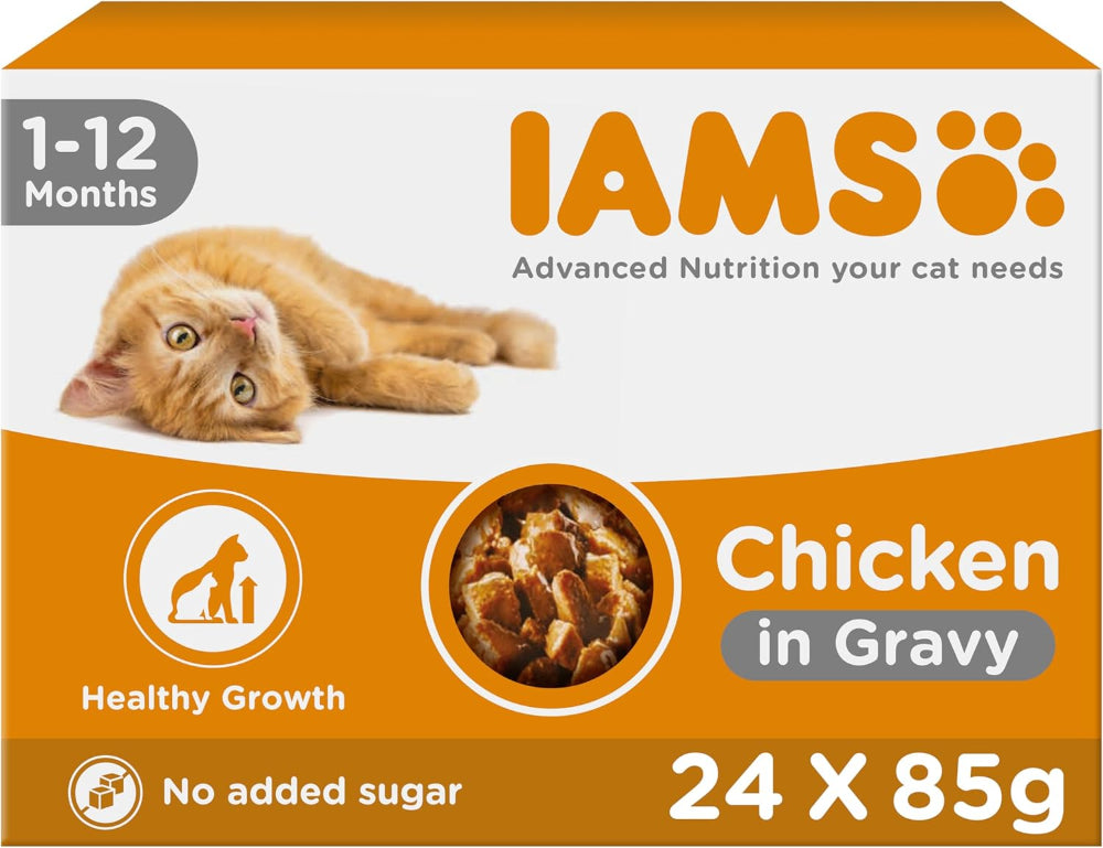 IAMS cat food packaging for 1-12 month kittens with chicken in gravy flavor.