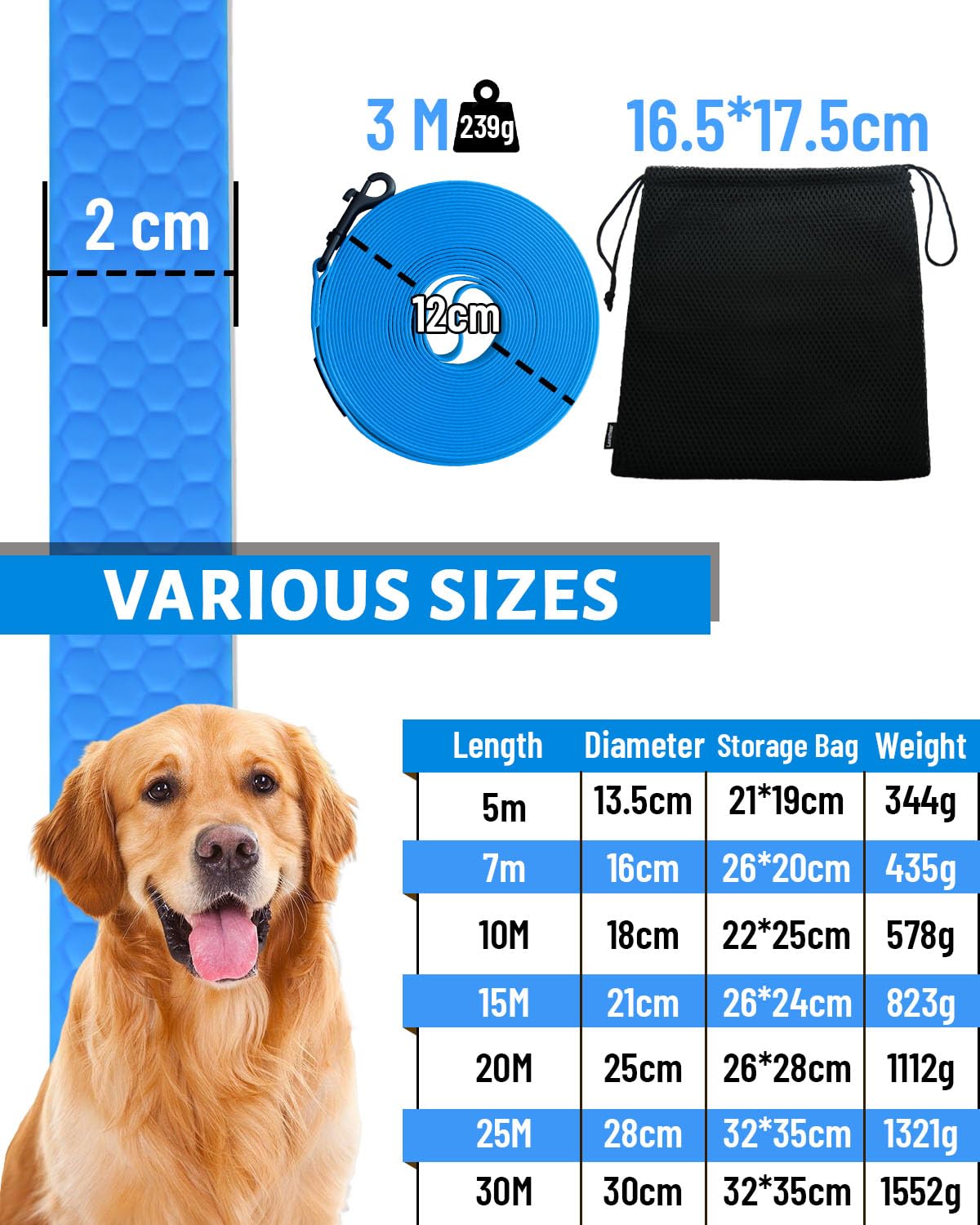 Looxmeer Dog Training Lead, 5M(16ft) Strong Extra Long Dog Lead for Small Medium Large Dog with Padded Handle & Storage Bag, Waterproof Dog Leash for Recall Tracking Hiking Hunting Obedience, Blue