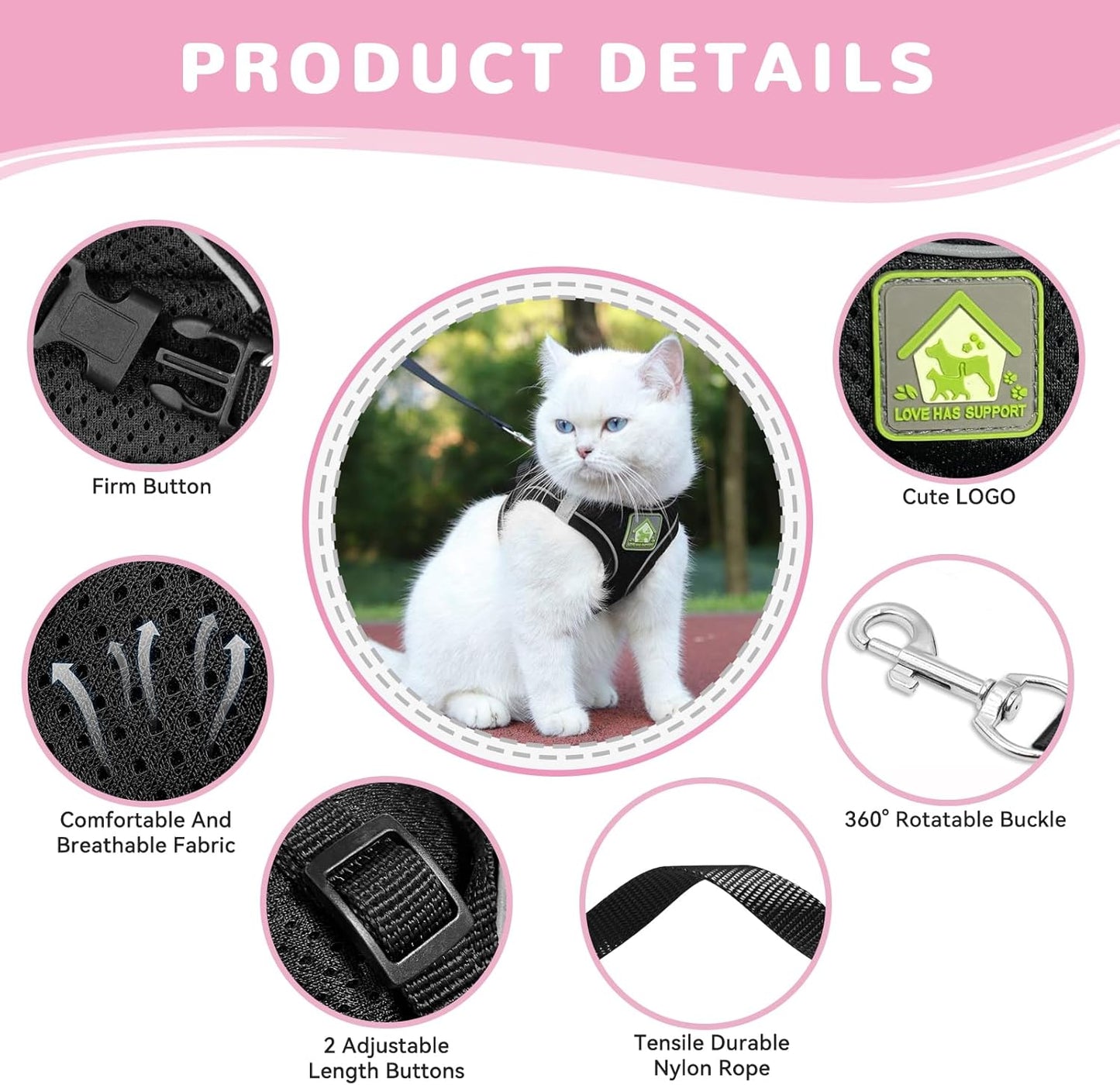 Escape Proof Cat Harness and Lead Set – Adjustable Reflective Soft Mesh Vest for Cats