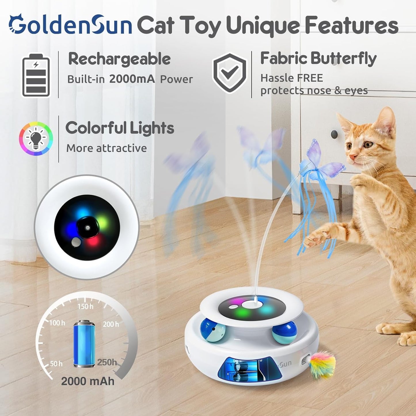 GoldenSun 3-in-1 Interactive Cat Toys for Indoor Cats 2000mAh Type-C Rechargeable Power Balls & Handmade Butterfly Cat Feather Toy Auto On/Off, Cat Teaser with 6 Attachments, Bright White