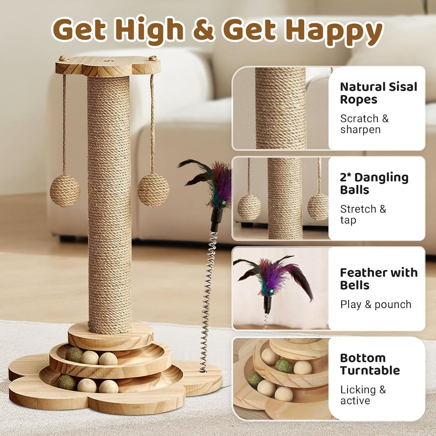 Cat Scratching Post with Natural Sisal - Sturdy Cat Scratcher for Indoor Smaller Cats, Kitten Toy with Scratching Posts, Play Platform & Toys, Easy Assembly, Space-Saving Design