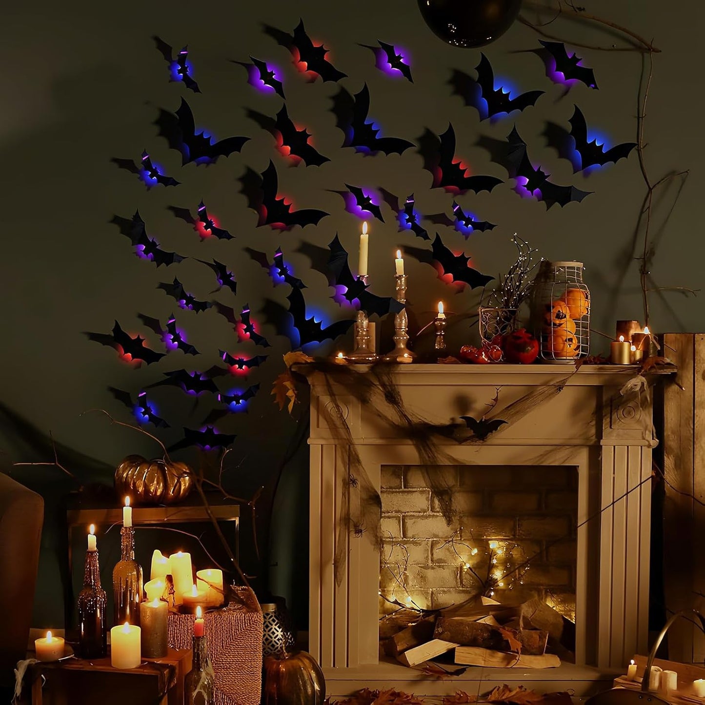 24PCS LED Halloween Bats Decorations, 3D Luminous Wall Stickers Bat Decorations with LED Lights PVC Bats Halloween Wall Decor for Indoor Window Door Wall DIY Party Supplies (Purple)