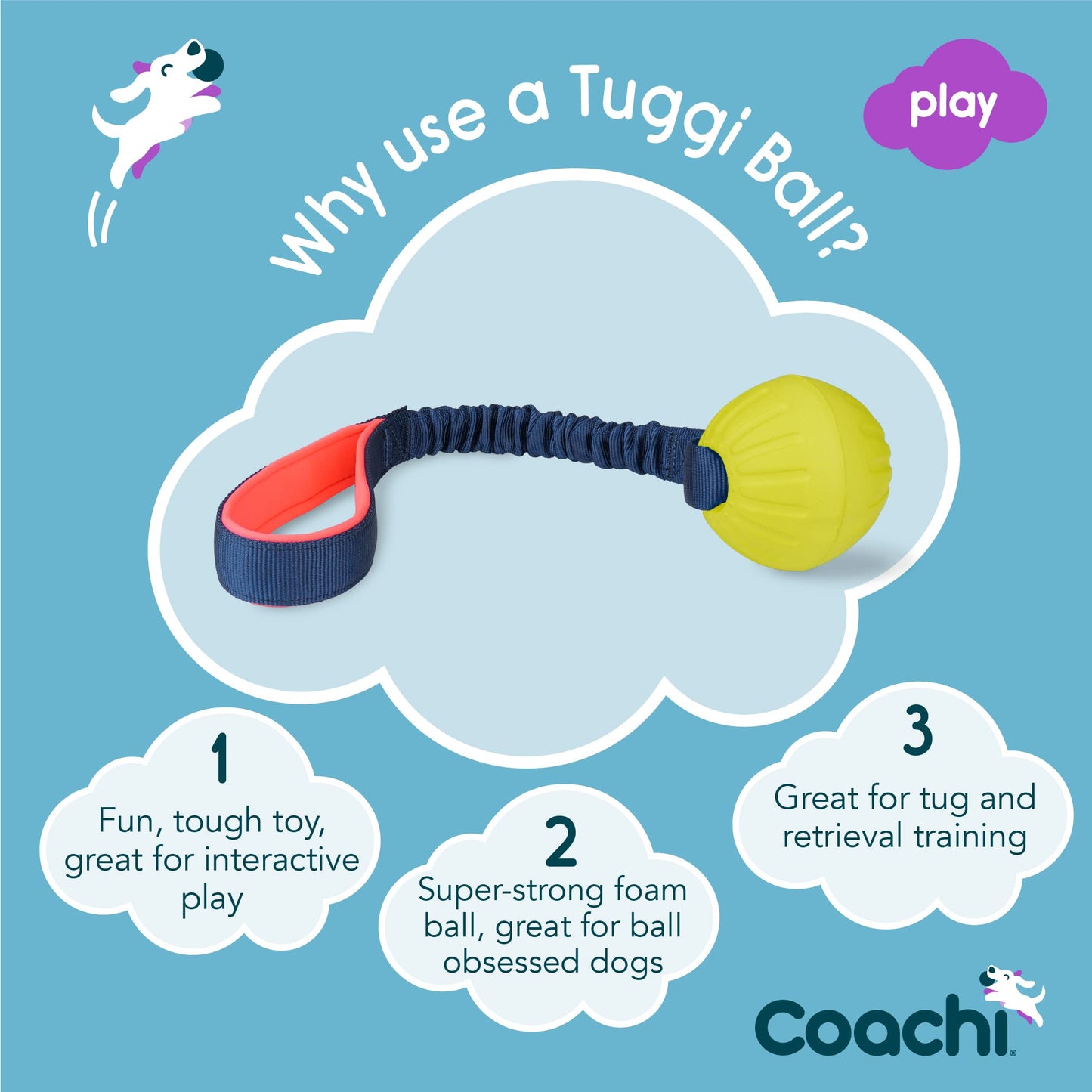 Coachi Tuggi Ball - Interactive Dog Toy for Tug of War & Play. Strong & Comfortable, Stretchy Bungee Handle, Reward Training, Interrupting Biting & Chewing. Ideal for Agility and Suitable for Puppies
