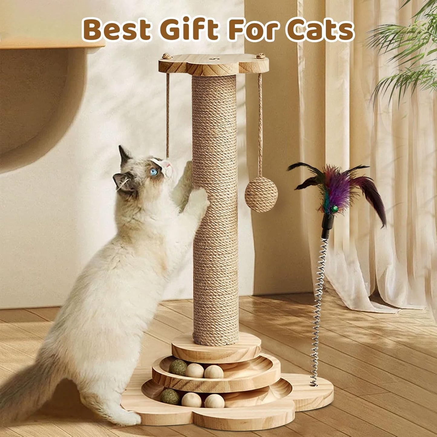 Cat Scratching Post with Natural Sisal - Sturdy Cat Scratcher for Indoor Smaller Cats, Kitten Toy with Scratching Posts, Play Platform & Toys, Easy Assembly, Space-Saving Design