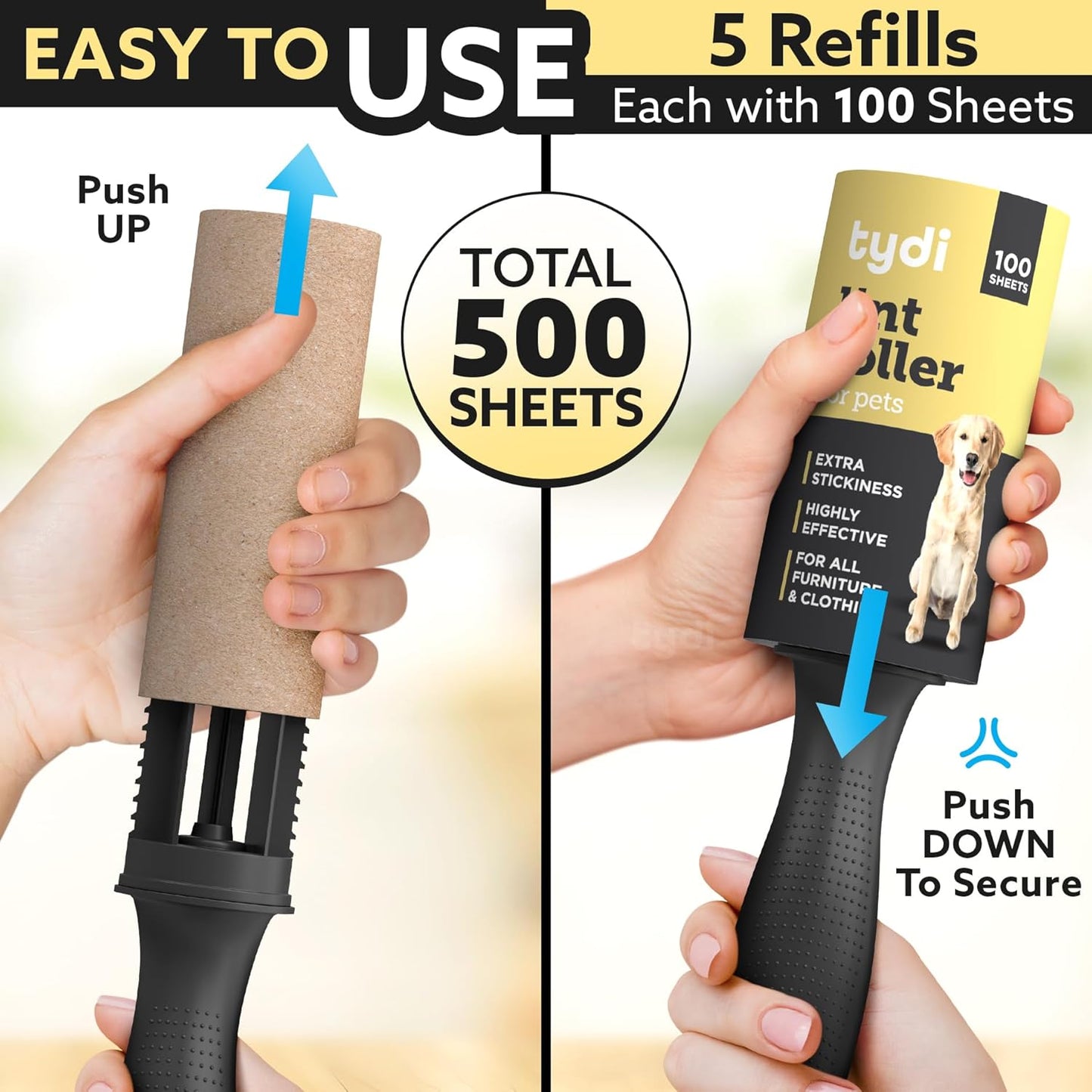 Tydi Pet Lint Rollers - 500 Sheets of Lint Roller Refills & 2 Handles - 100 Sheets per Sticky Clothes Roller - Lint Rollers for Pet Hair - Reusable Lint Roller for Clothes - Fluff Remover for Clothes