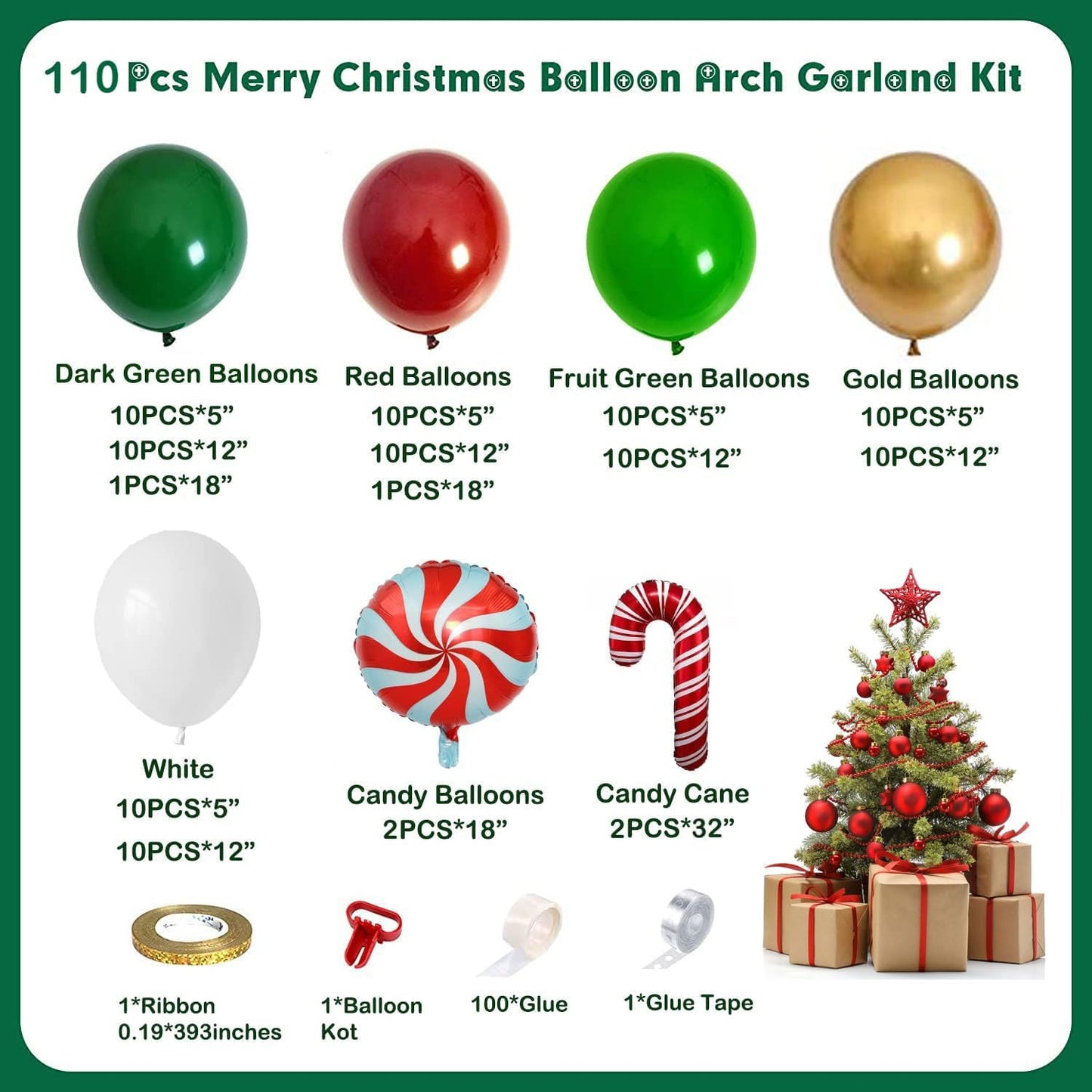 Christmas Balloon Garland Arch Kit, Red Green White Gold Balloons with Large Candy Cane Swirl Foil Balloon for Winter Xmas Party Decorations 164PCS