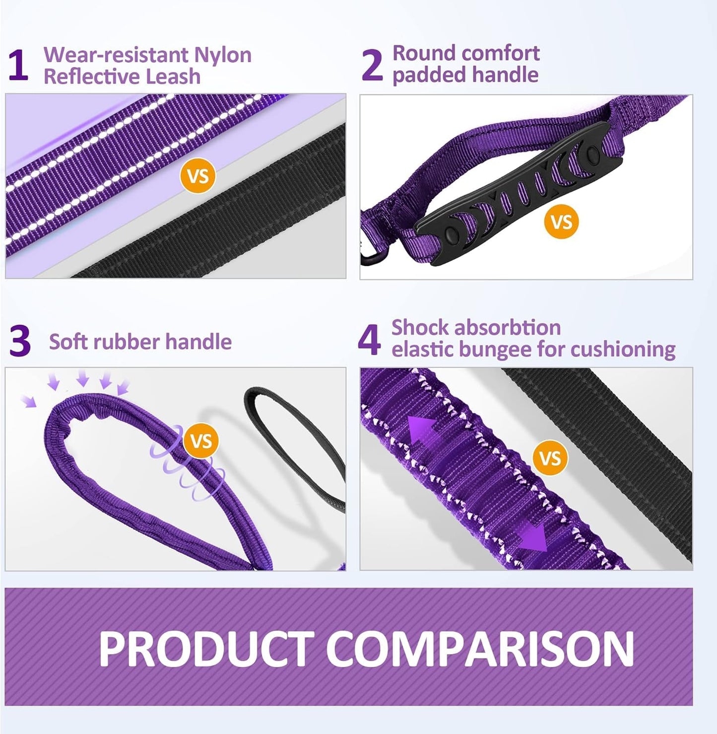Iokheira 5FT Strong Dog Lead No Pull, Reflective Shock Absorbing Bungee Lead with Two Padded Handle & Car Seat Belt Buckle, Adjustable Dog Leash Heavy Duty for Small Medium Large Dogs (Purple)