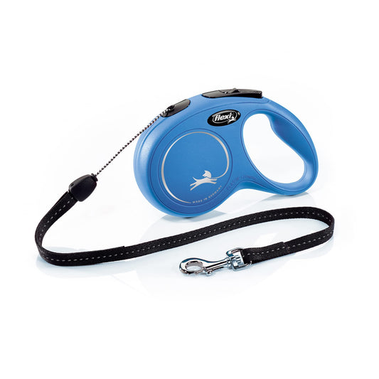 Blue retractable dog leash with black handle on a white background