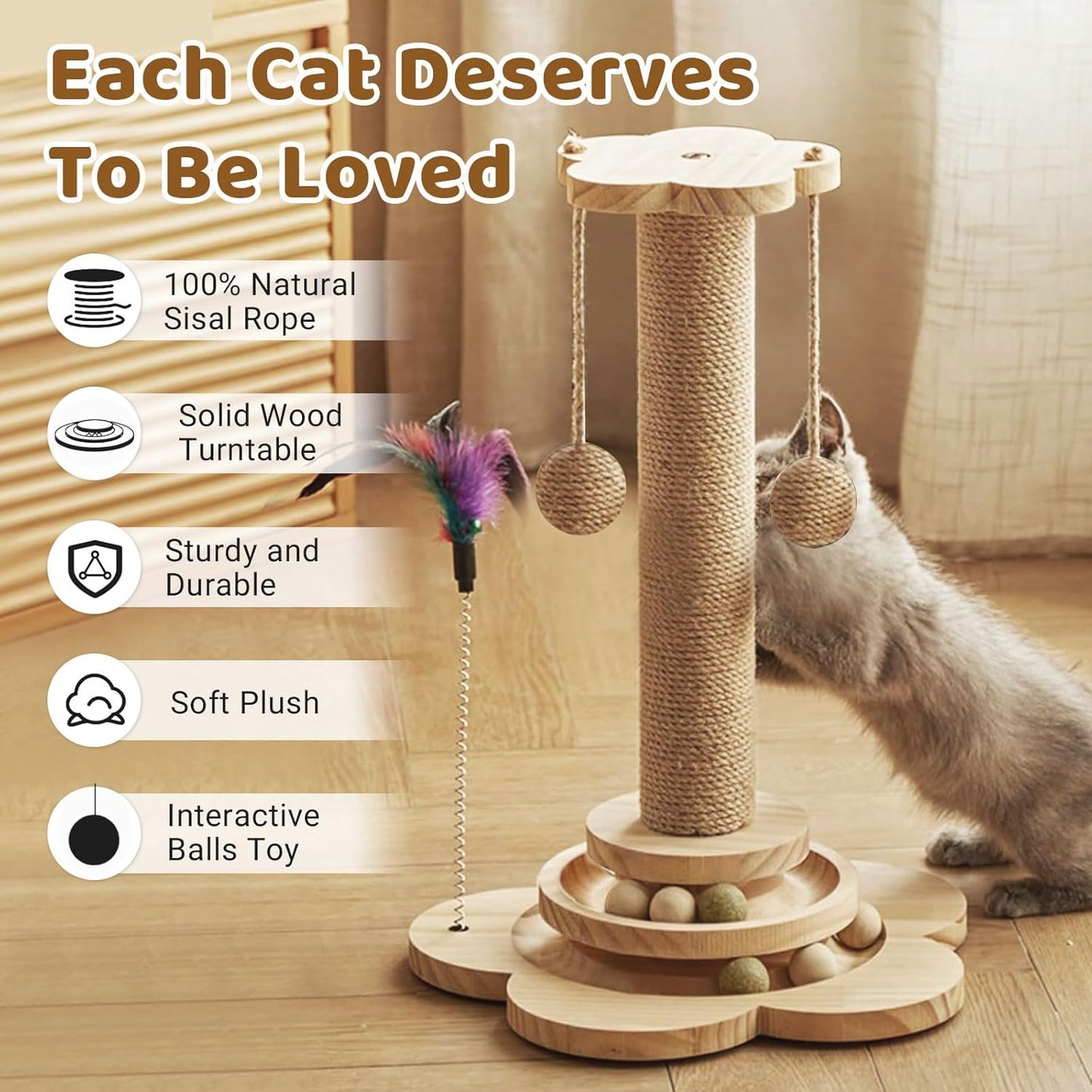 Cat Scratching Post with Natural Sisal - Sturdy Cat Scratcher for Indoor Smaller Cats, Kitten Toy with Scratching Posts, Play Platform & Toys, Easy Assembly, Space-Saving Design