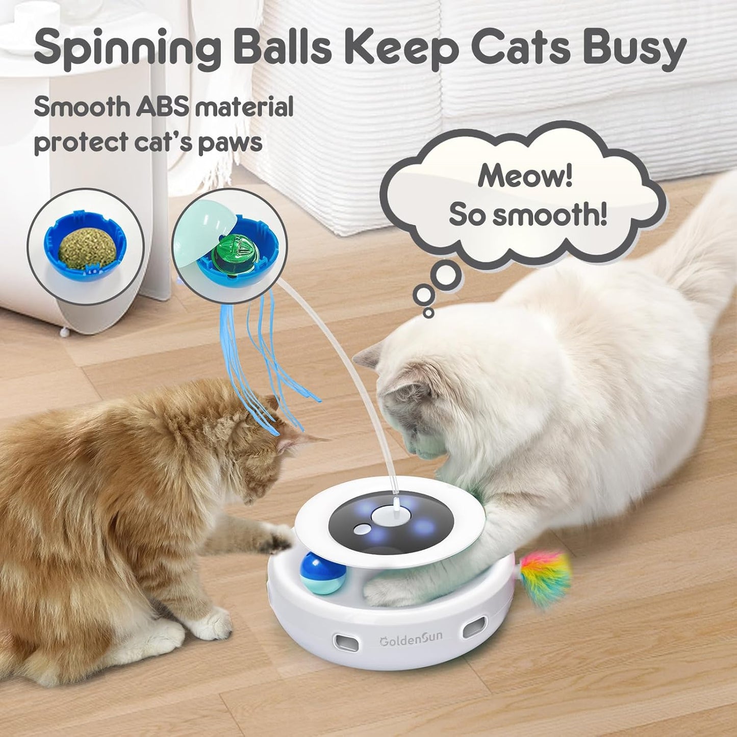 GoldenSun 3-in-1 Interactive Cat Toys for Indoor Cats 2000mAh Type-C Rechargeable Power Balls & Handmade Butterfly Cat Feather Toy Auto On/Off, Cat Teaser with 6 Attachments, Bright White
