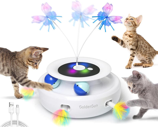 GoldenSun 3-in-1 Interactive Cat Toys for Indoor Cats 2000mAh Type-C Rechargeable Power Balls & Handmade Butterfly Cat Feather Toy Auto On/Off, Cat Teaser with 6 Attachments, Bright White
