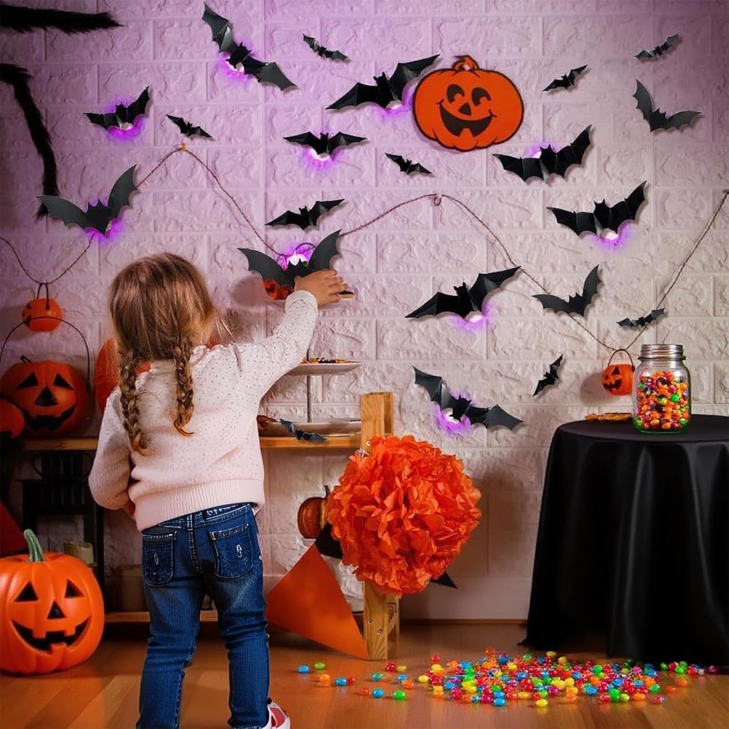 24PCS LED Halloween Bats Decorations, 3D Luminous Wall Stickers Bat Decorations with LED Lights PVC Bats Halloween Wall Decor for Indoor Window Door Wall DIY Party Supplies (Purple)